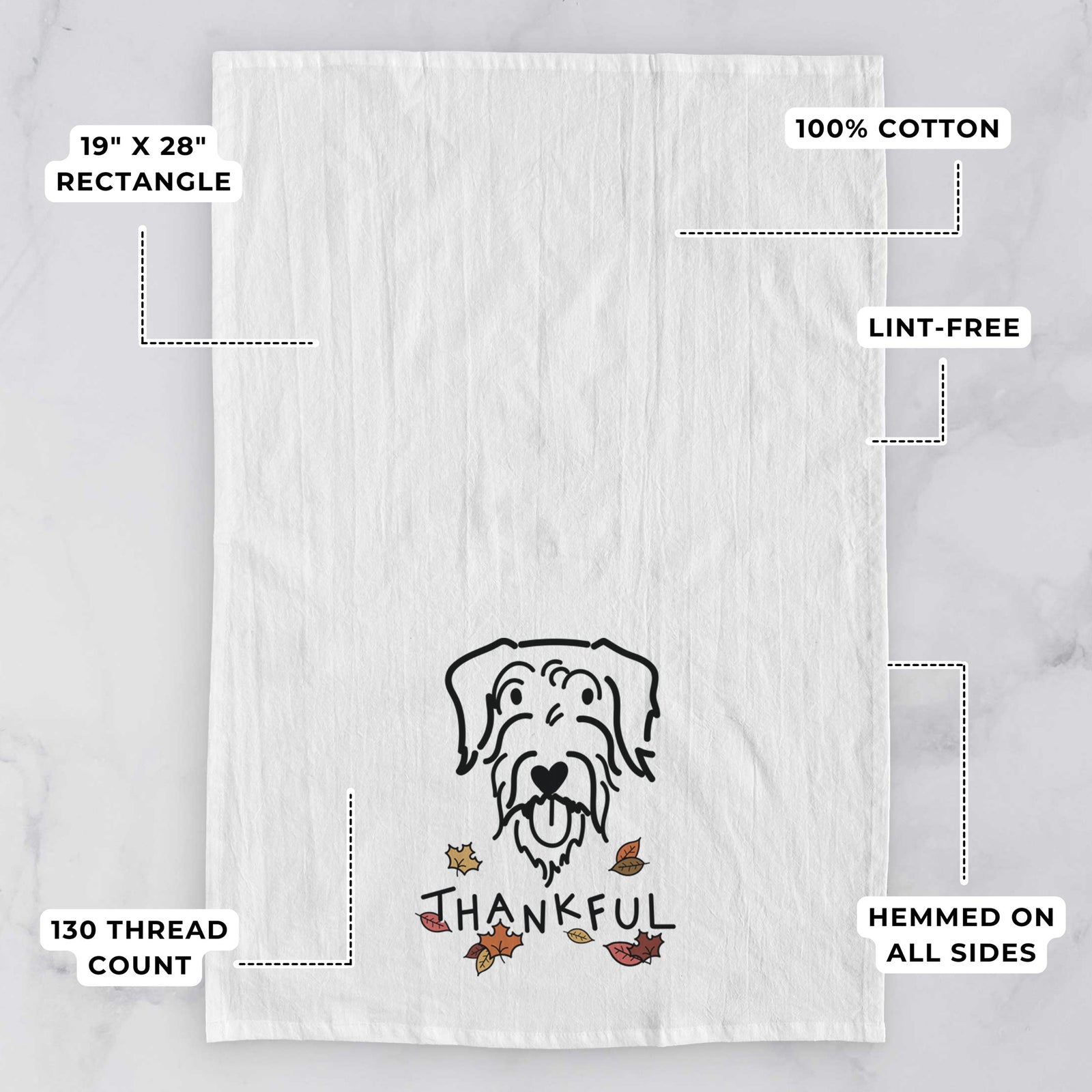 Minimalist line drawing of Dug the Doodle with 'Thankful' lettering on a tea towel, with feature callouts: 19 x 28 inch rectangle, 100% cotton, lint-free, 120 thread count, hemmed on all sides
