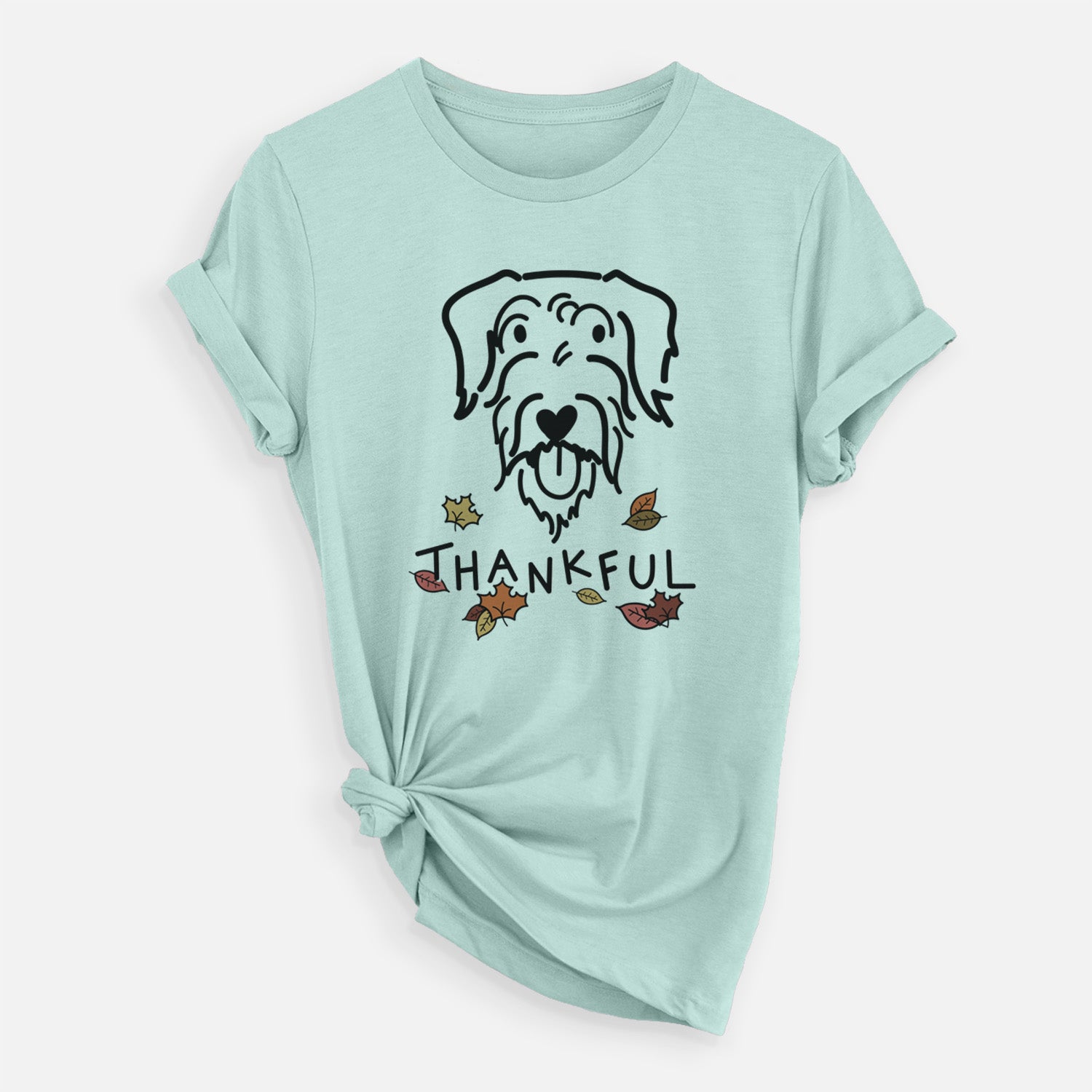 Minimalist line drawing of Dug the Doodle with 'Thankful' lettering on a Heather Sage Unisex crewneck