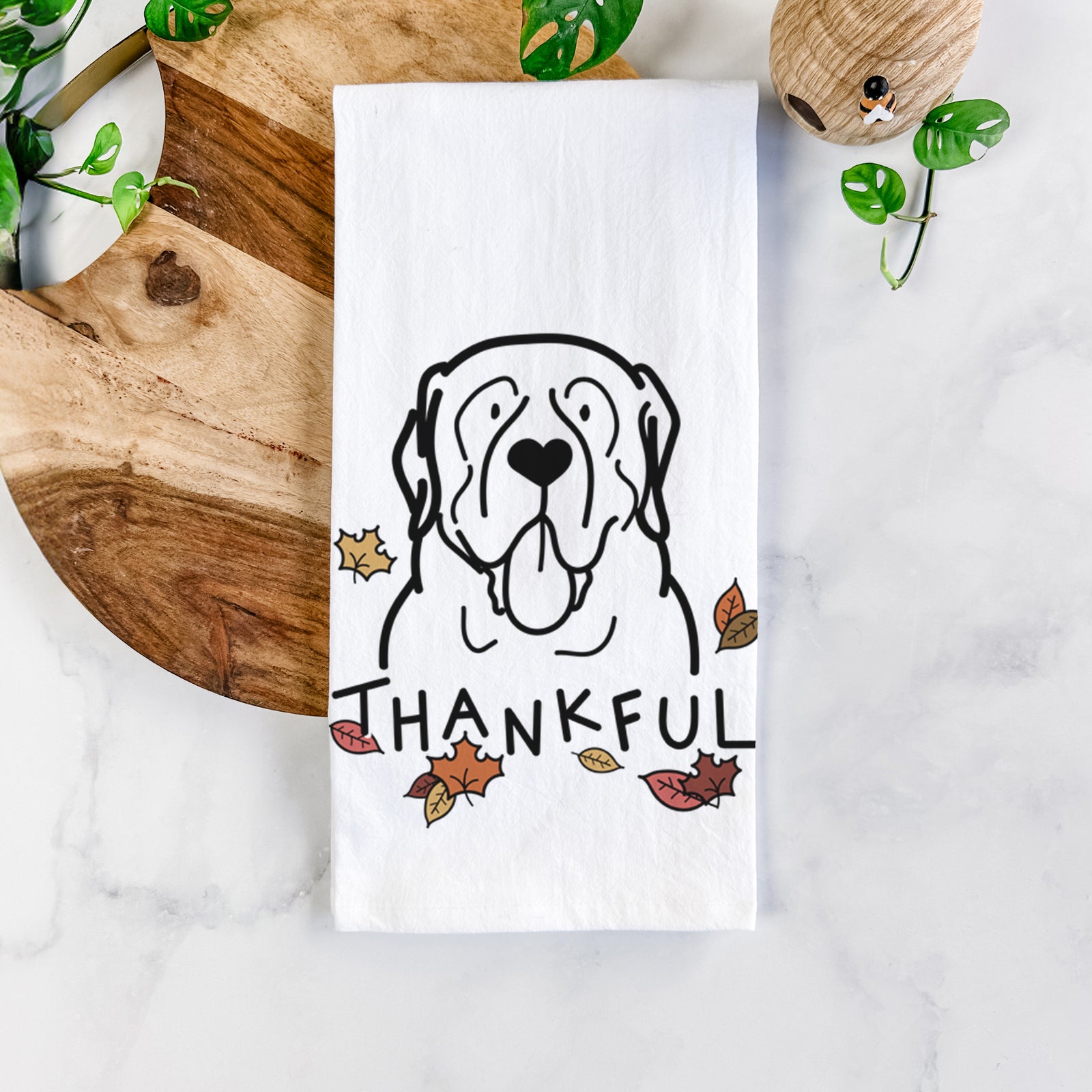 Minimalist line drawing of an English Mastiff with 'Thankful' lettering on a tea towel