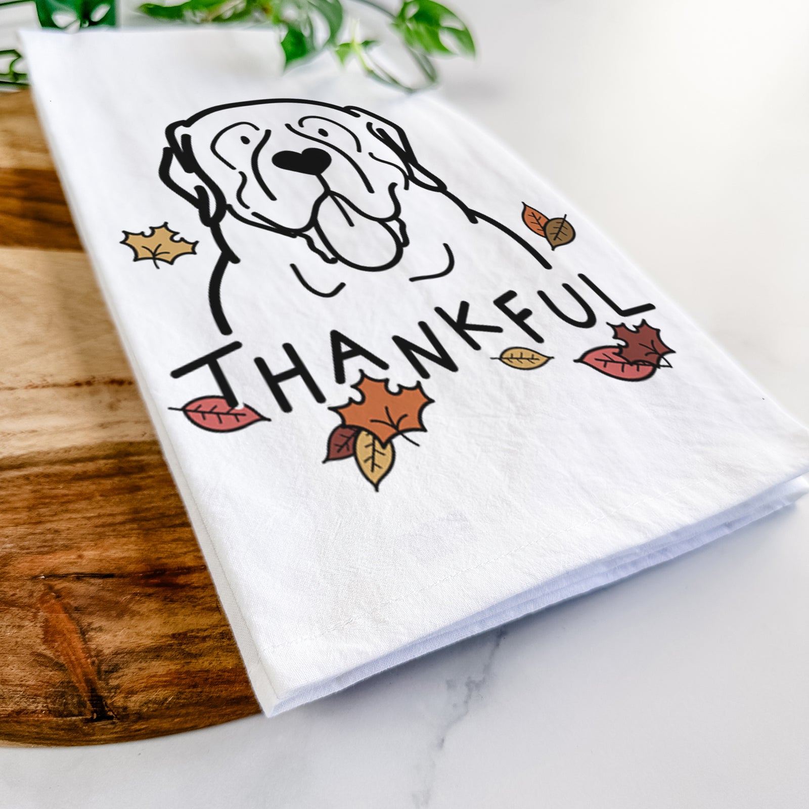 Minimalist line drawing of an English Mastiff with 'Thankful' lettering on a tea towel