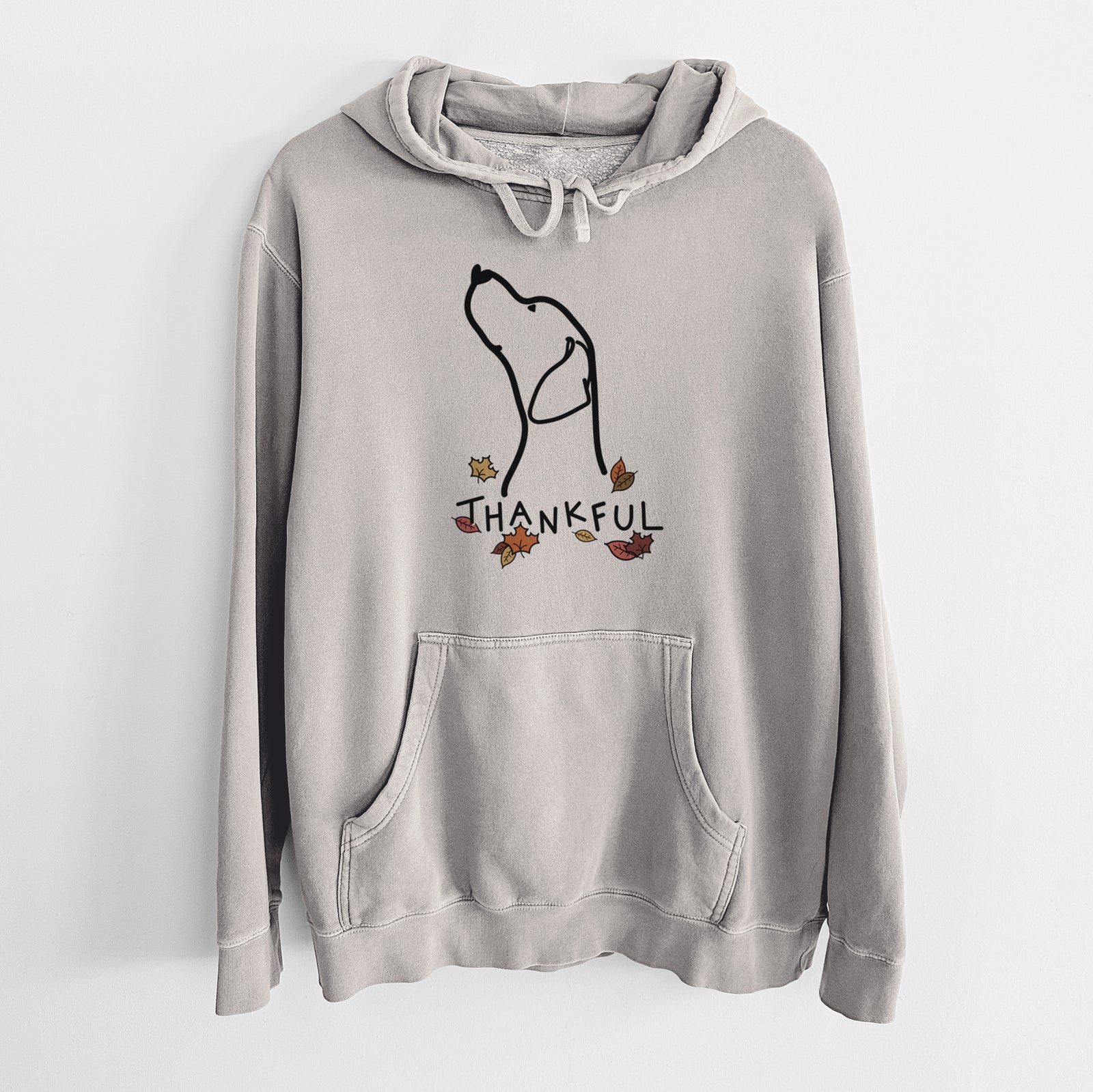 Minimalist line drawing of an English Pointer Profile with 'Thankful' lettering on a Cement Unisex pigment dyed hoodie
