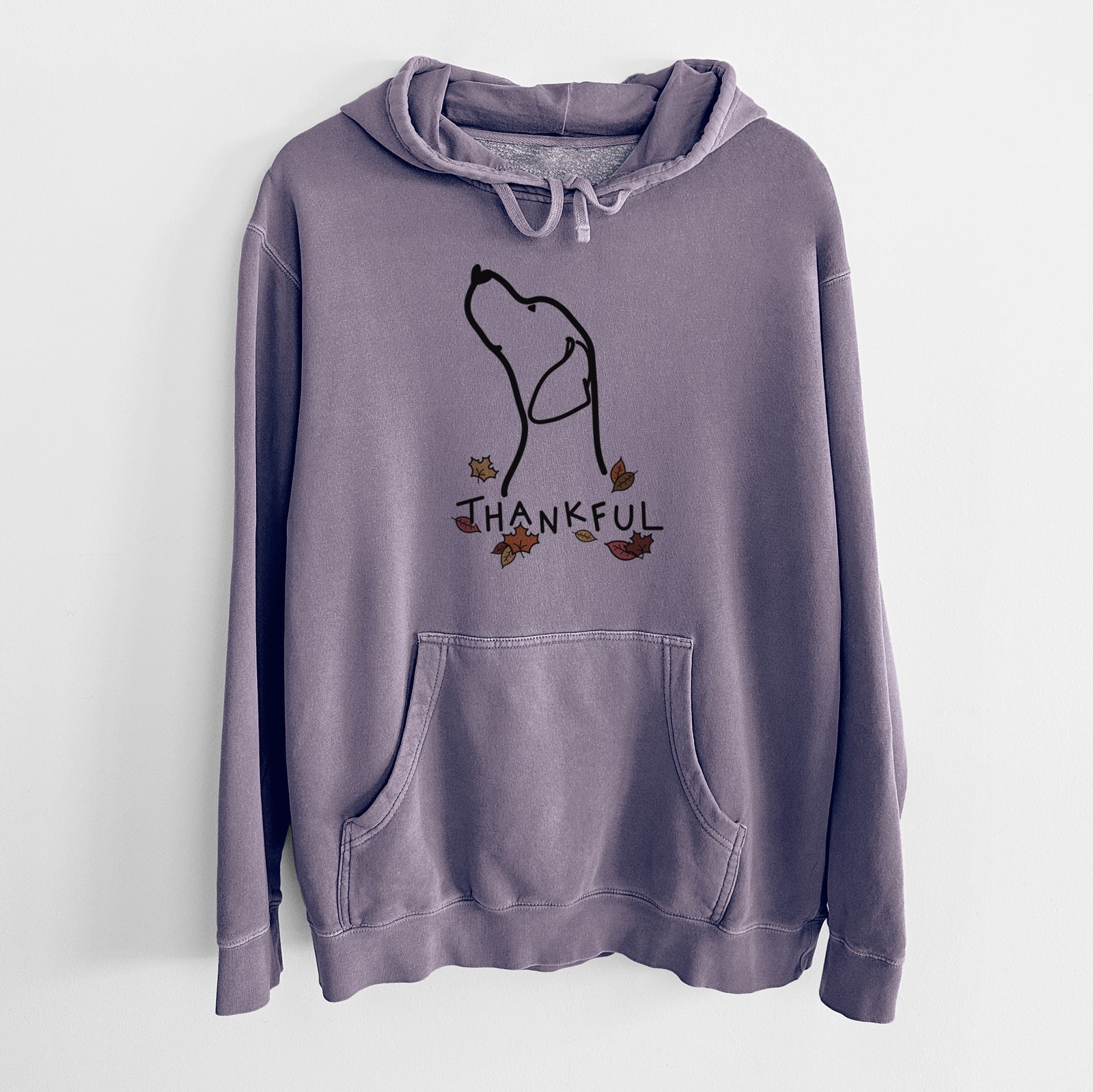 Minimalist line drawing of an English Pointer Profile with 'Thankful' lettering on a Plum Unisex pigment dyed hoodie