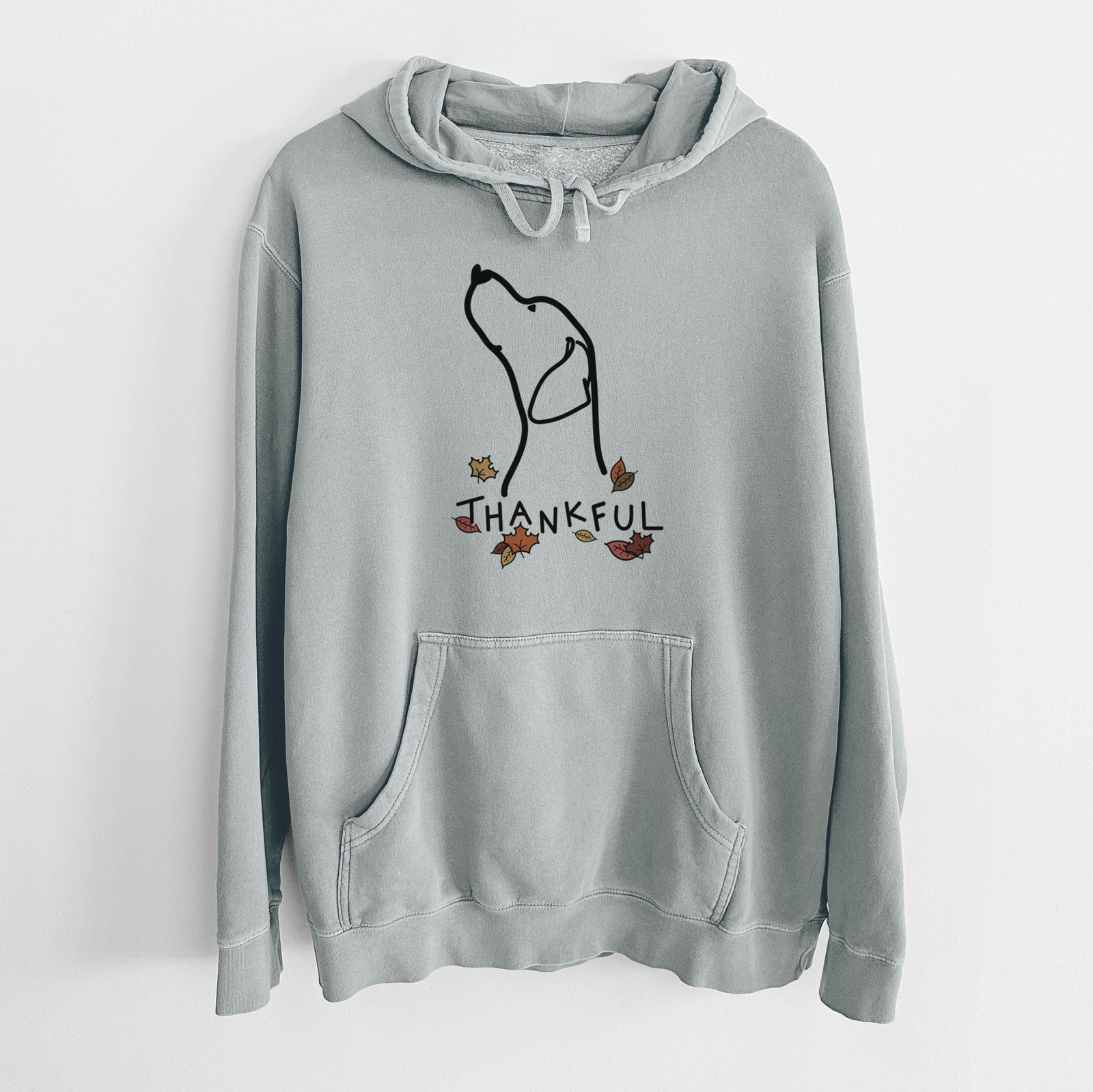 Minimalist line drawing of an English Pointer Profile with 'Thankful' lettering on a Sage Unisex pigment dyed hoodie