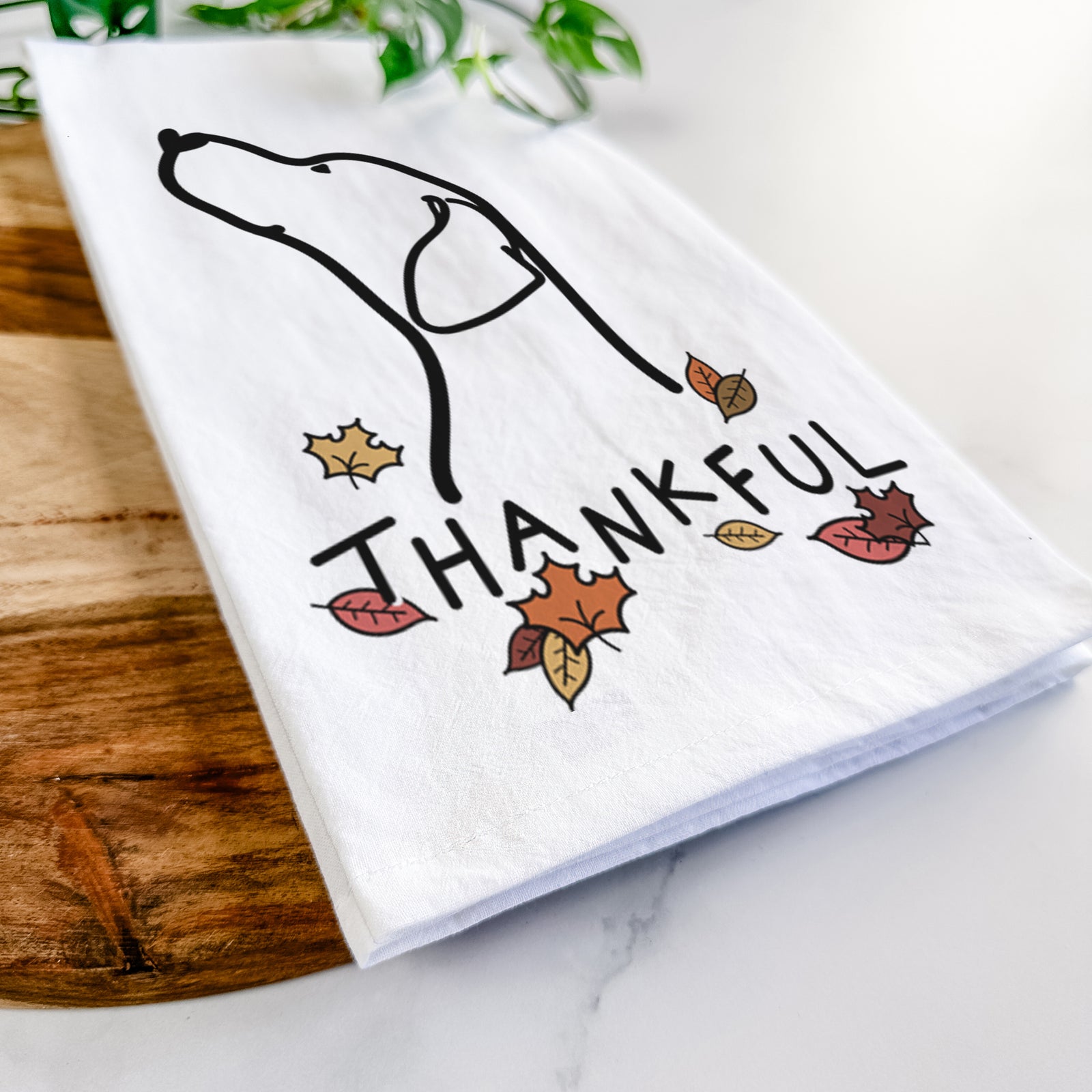 Minimalist line drawing of an English Pointer Profile with 'Thankful' lettering on a tea towel