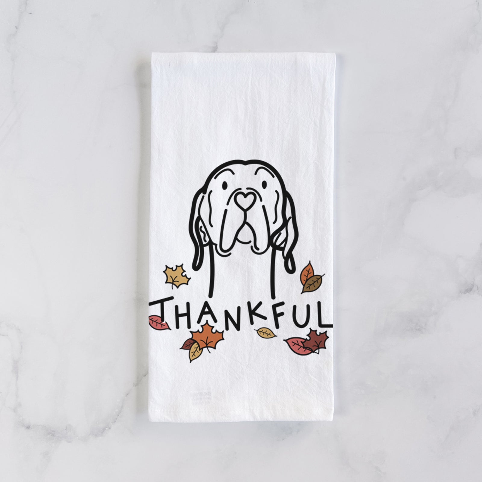 Minimalist line drawing of an English Pointer with 'Thankful' lettering on a tea towel