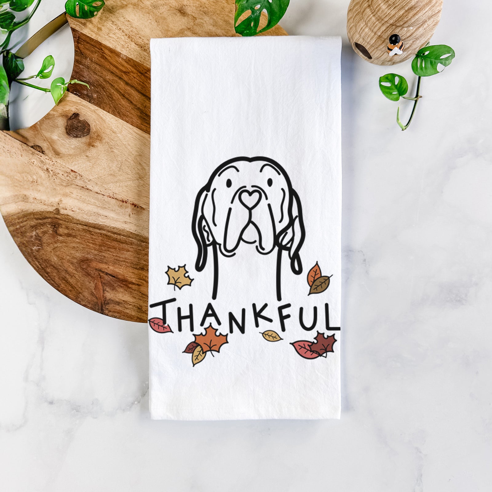Minimalist line drawing of an English Pointer with 'Thankful' lettering on a tea towel