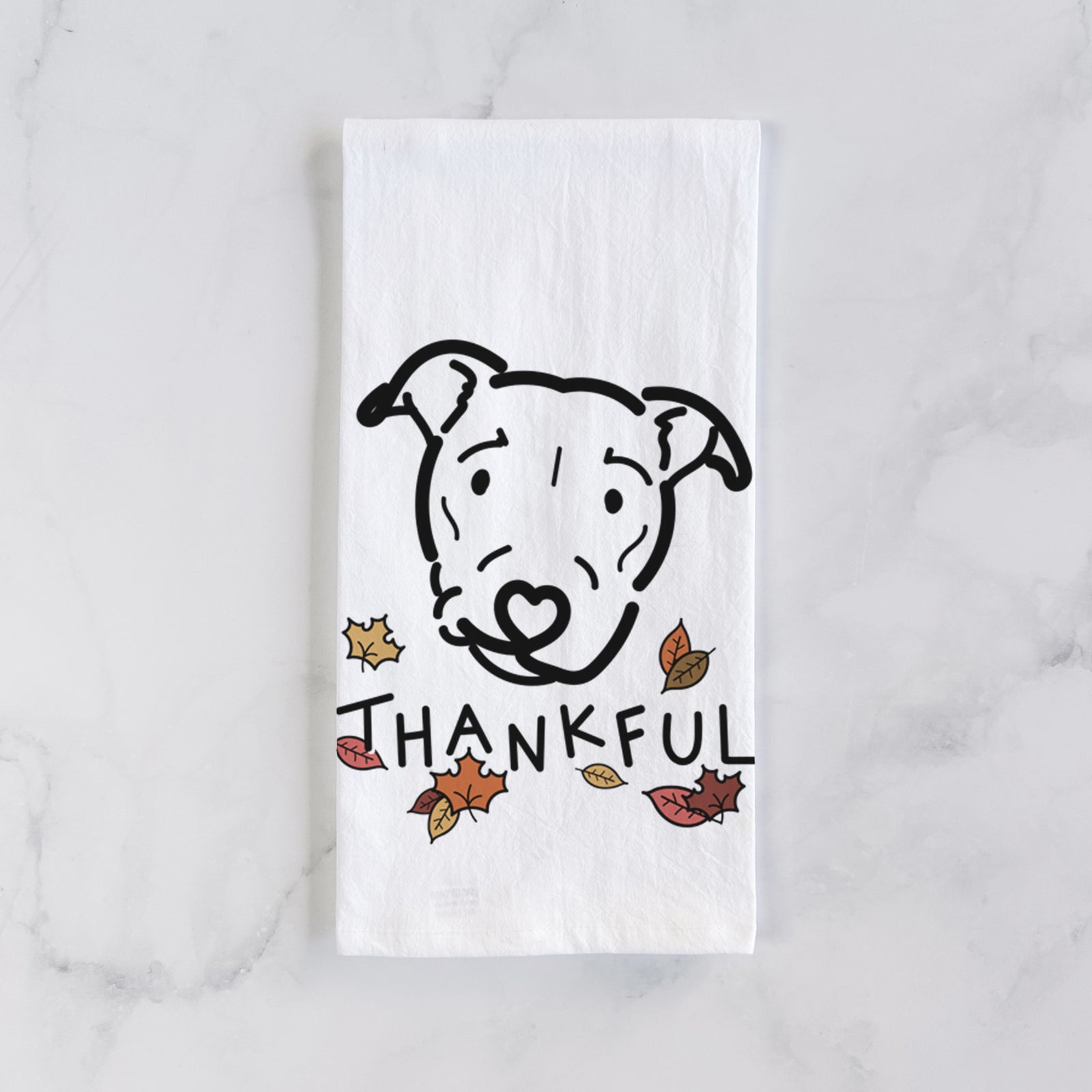 Minimalist line drawing of Ernie the Pitbull Mix with 'Thankful' lettering on a tea towel