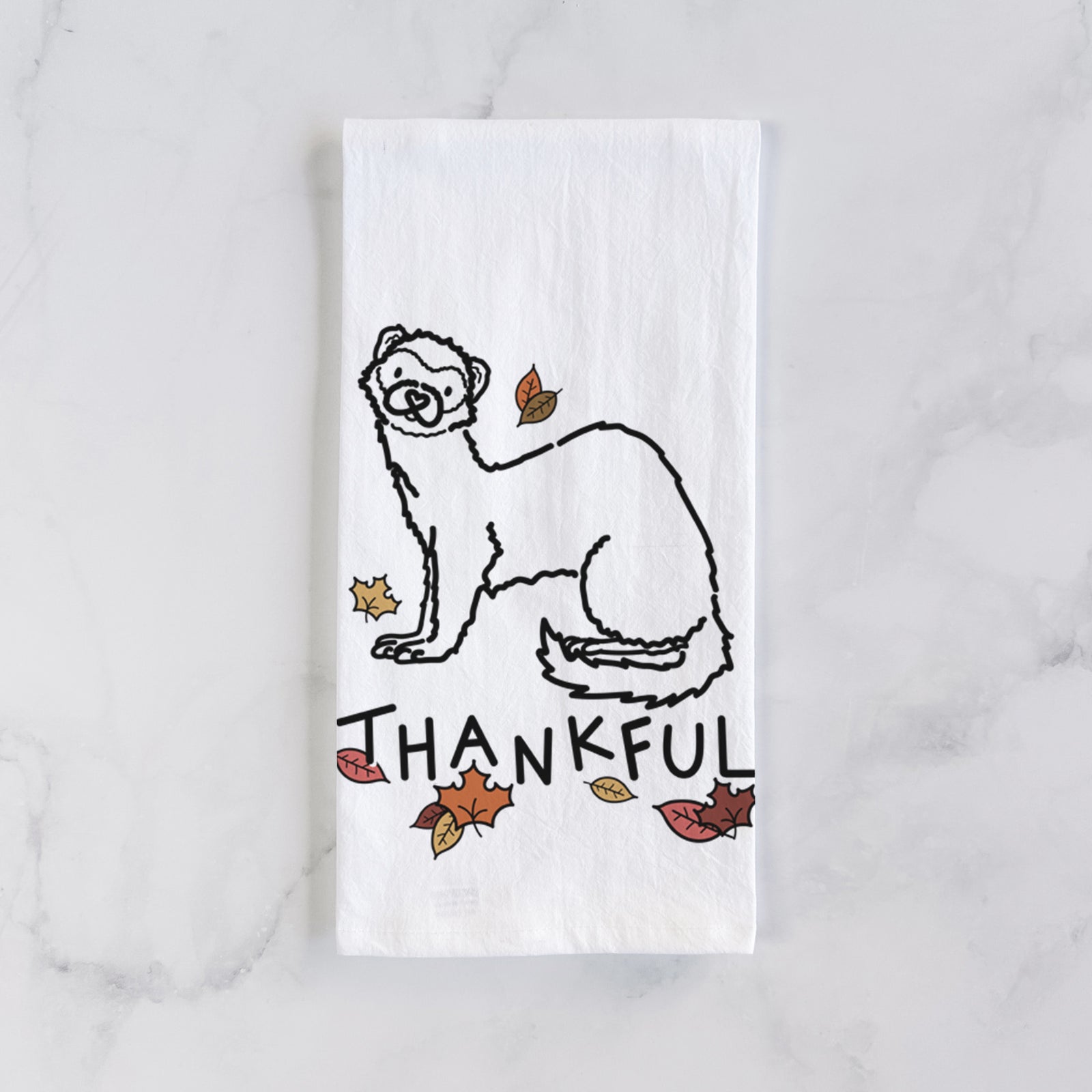 Minimalist line drawing of Fern the Ferret with 'Thankful' lettering on a tea towel