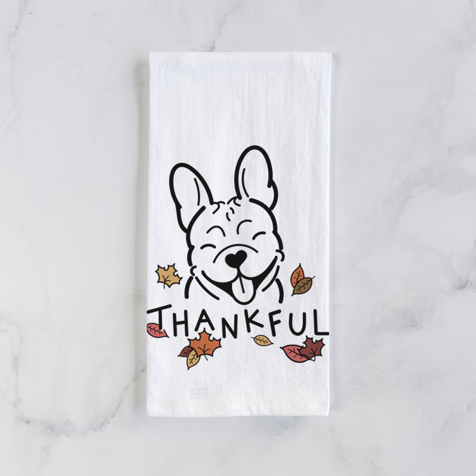 Minimalist line drawing of a French Bulldog with 'Thankful' lettering on a tea towel