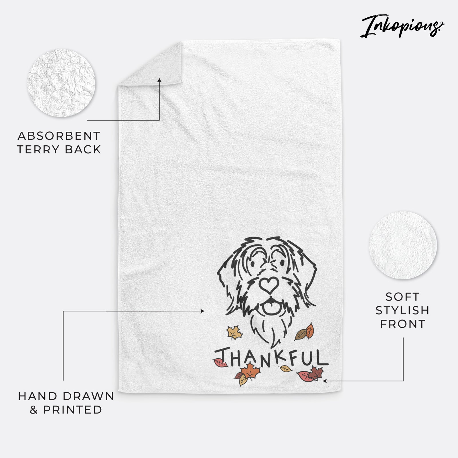 Minimalist line drawing of Gary the Wirehaird Pointing Griffon with 'Thankful' lettering on a hand towel