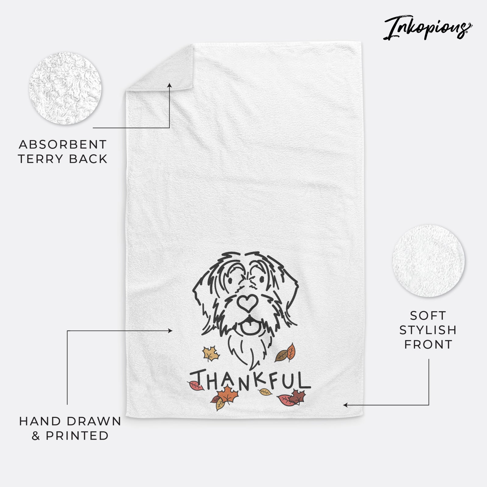 Minimalist line drawing of Gary the Wirehaird Pointing Griffon with 'Thankful' lettering on a hand towel