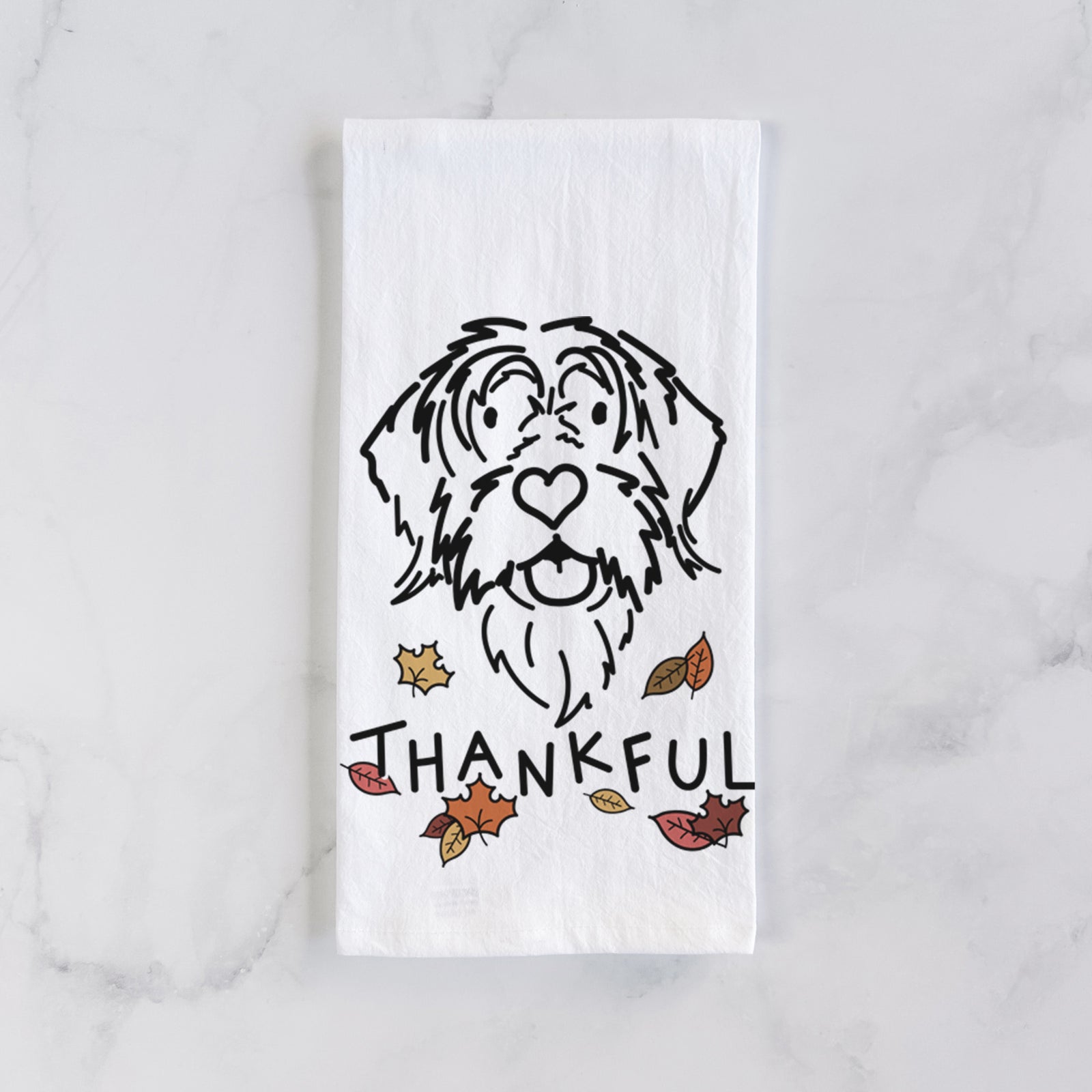 Minimalist line drawing of Gary the Wirehaird Pointing Griffon with 'Thankful' lettering on a tea towel