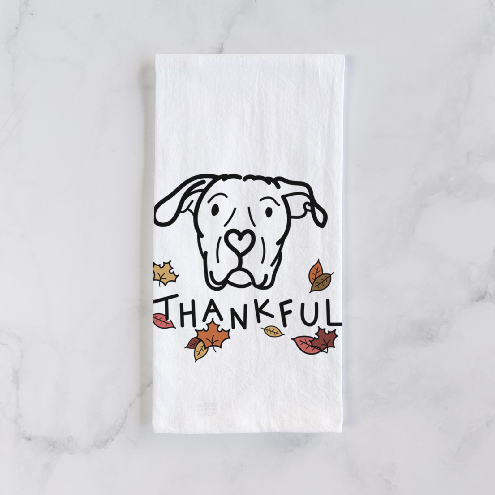 Minimalist line drawing of Genevieve the Dogo Argentino with 'Thankful' lettering on a tea towel