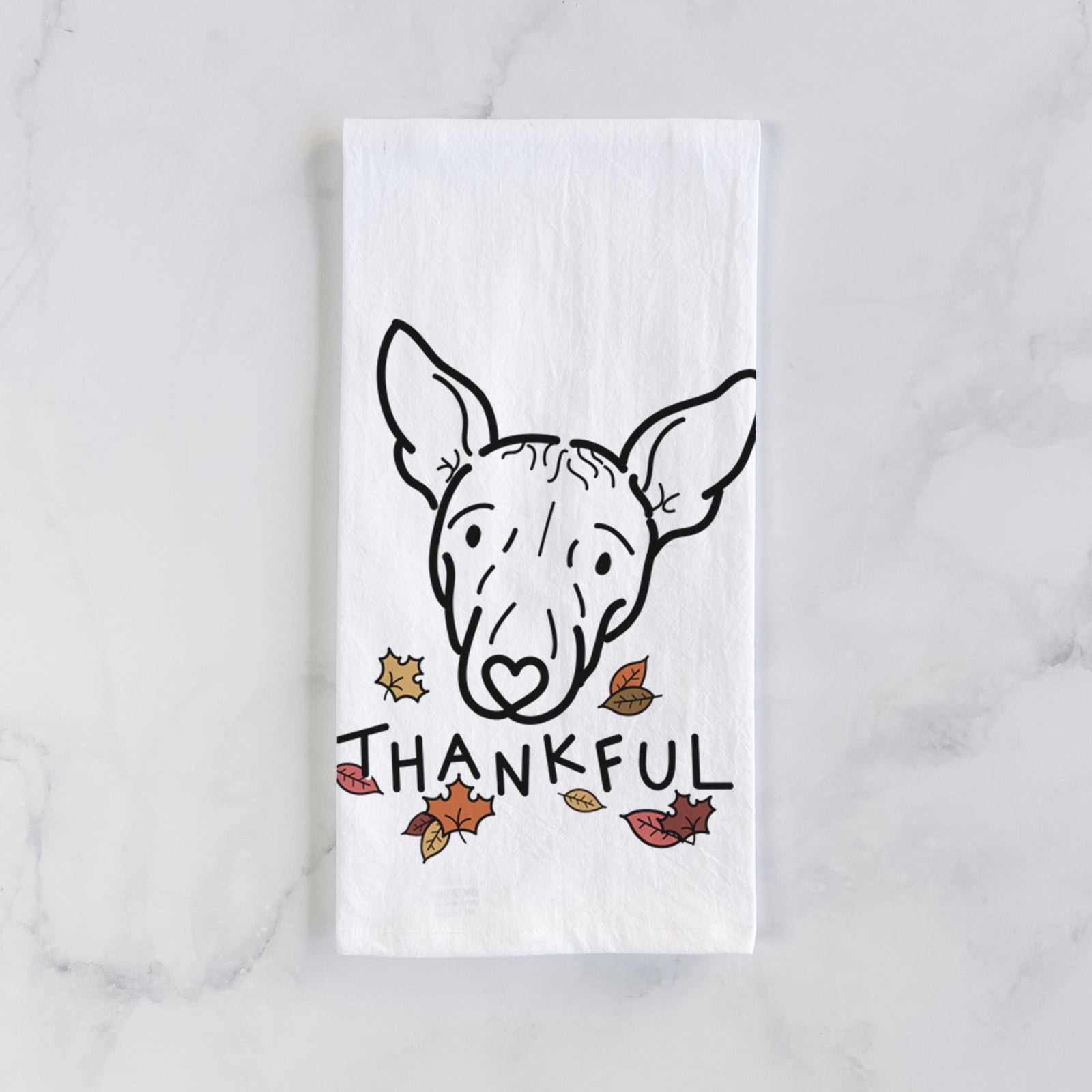Minimalist line drawing of Georgia the American Hairless Terrier with 'Thankful' lettering on a tea towel
