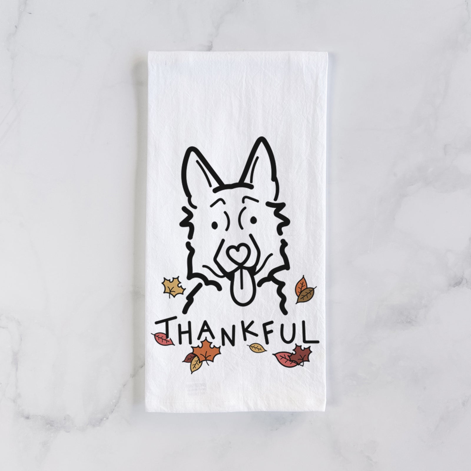 Minimalist line drawing of a German Shepherd with 'Thankful' lettering on a tea towel
