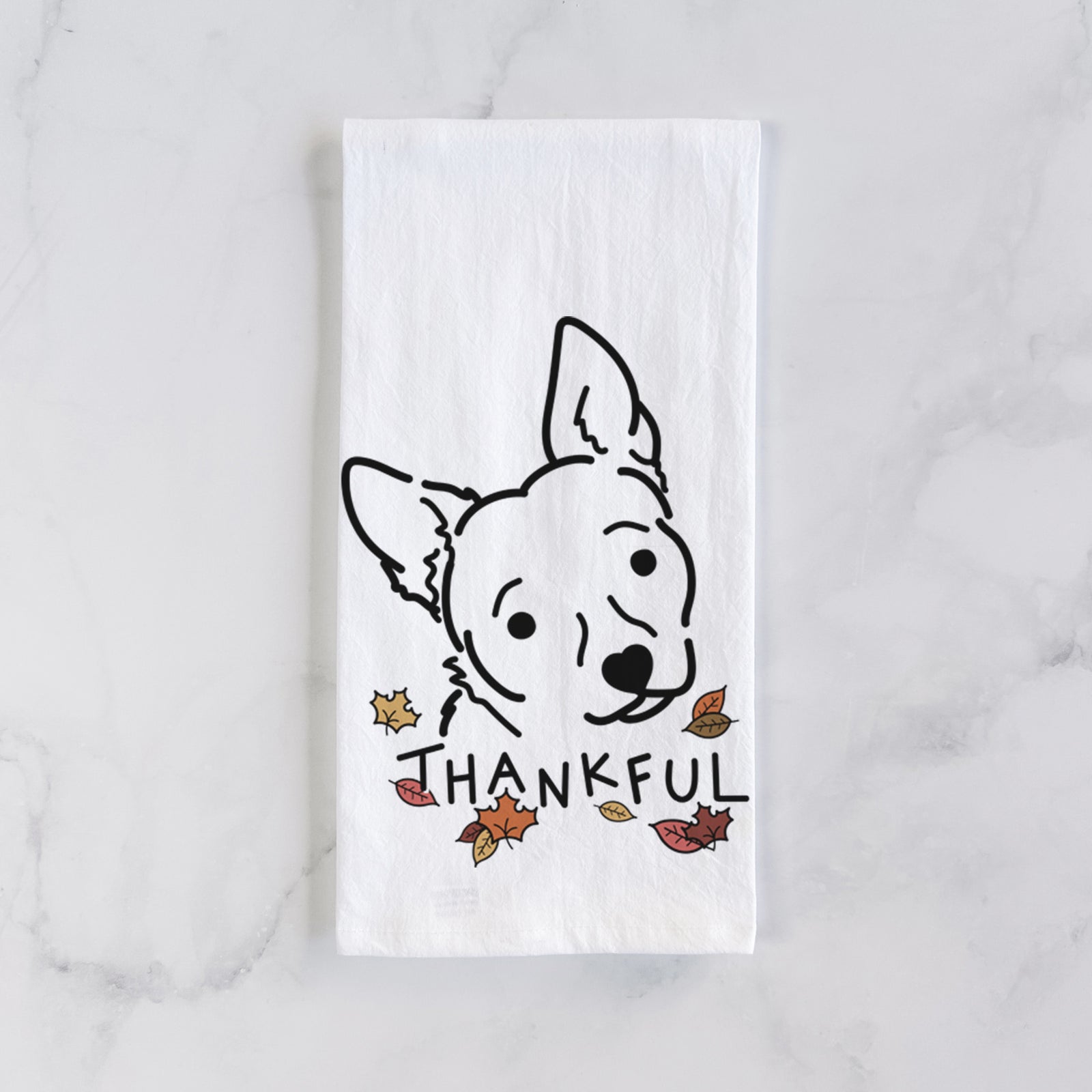 Minimalist line drawing of GiGi the Chihuahua Mix with 'Thankful' lettering on a tea towel