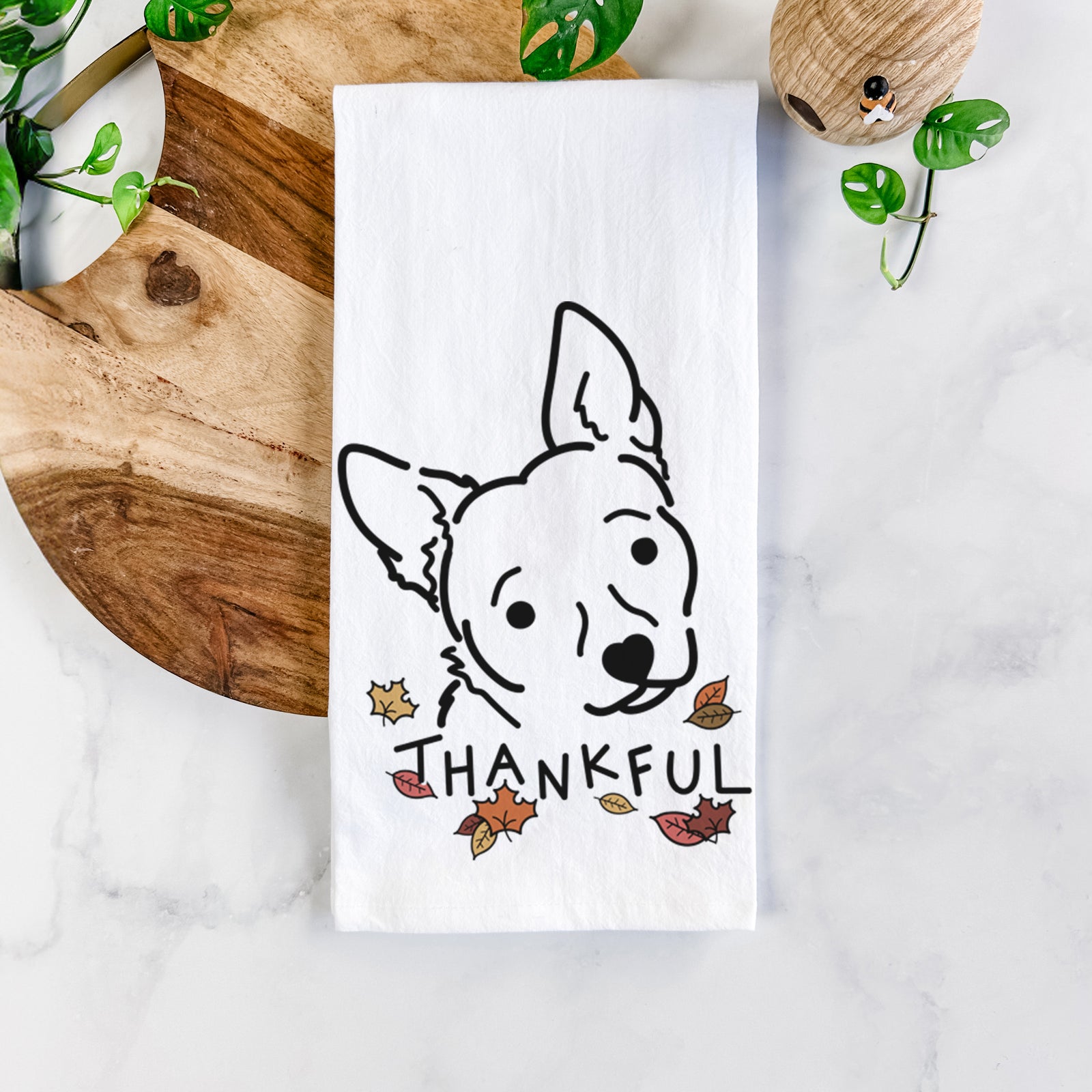 Minimalist line drawing of GiGi the Chihuahua Mix with 'Thankful' lettering on a tea towel