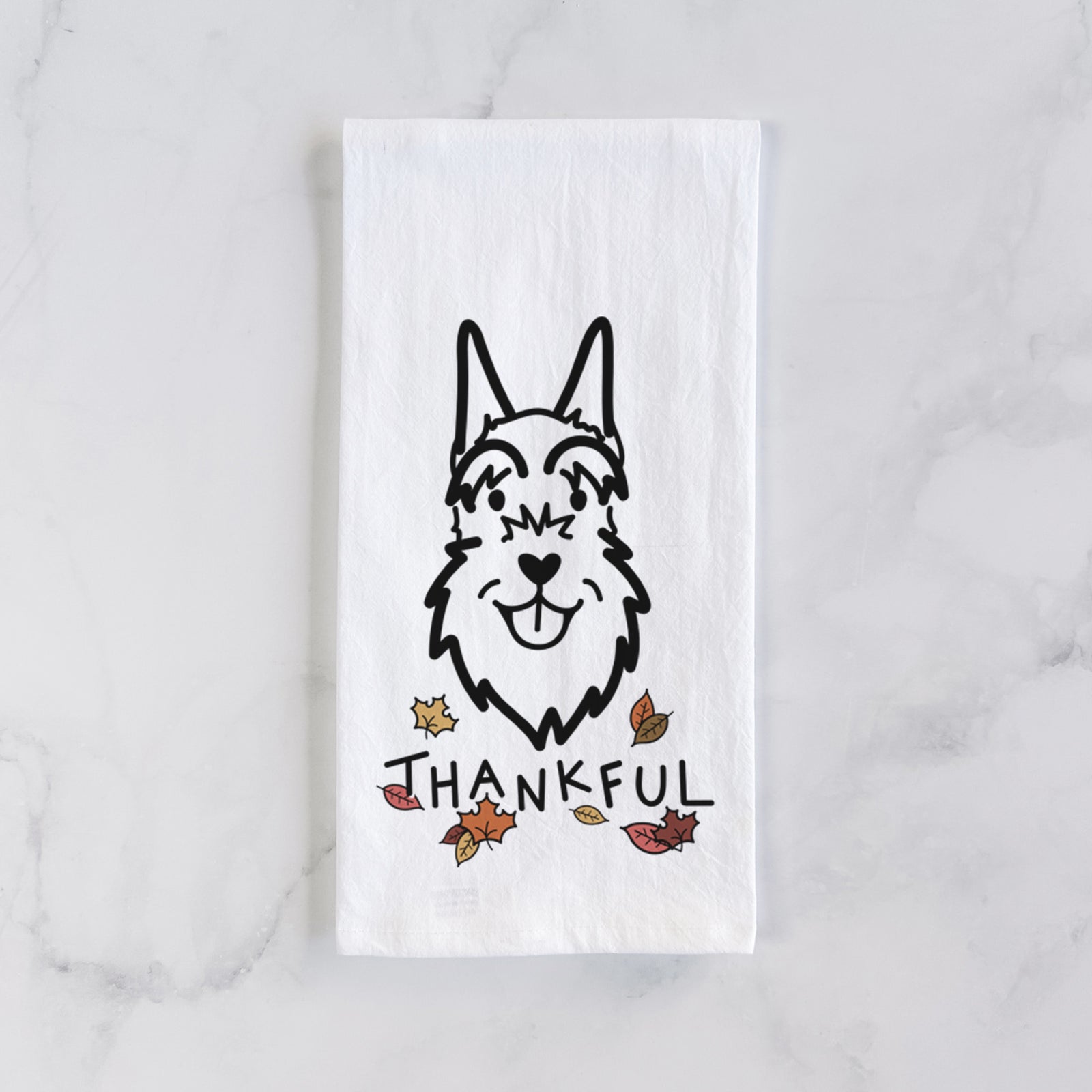 Minimalist line drawing of a Schnauzer Cropped Ears with 'Thankful' lettering on a tea towel