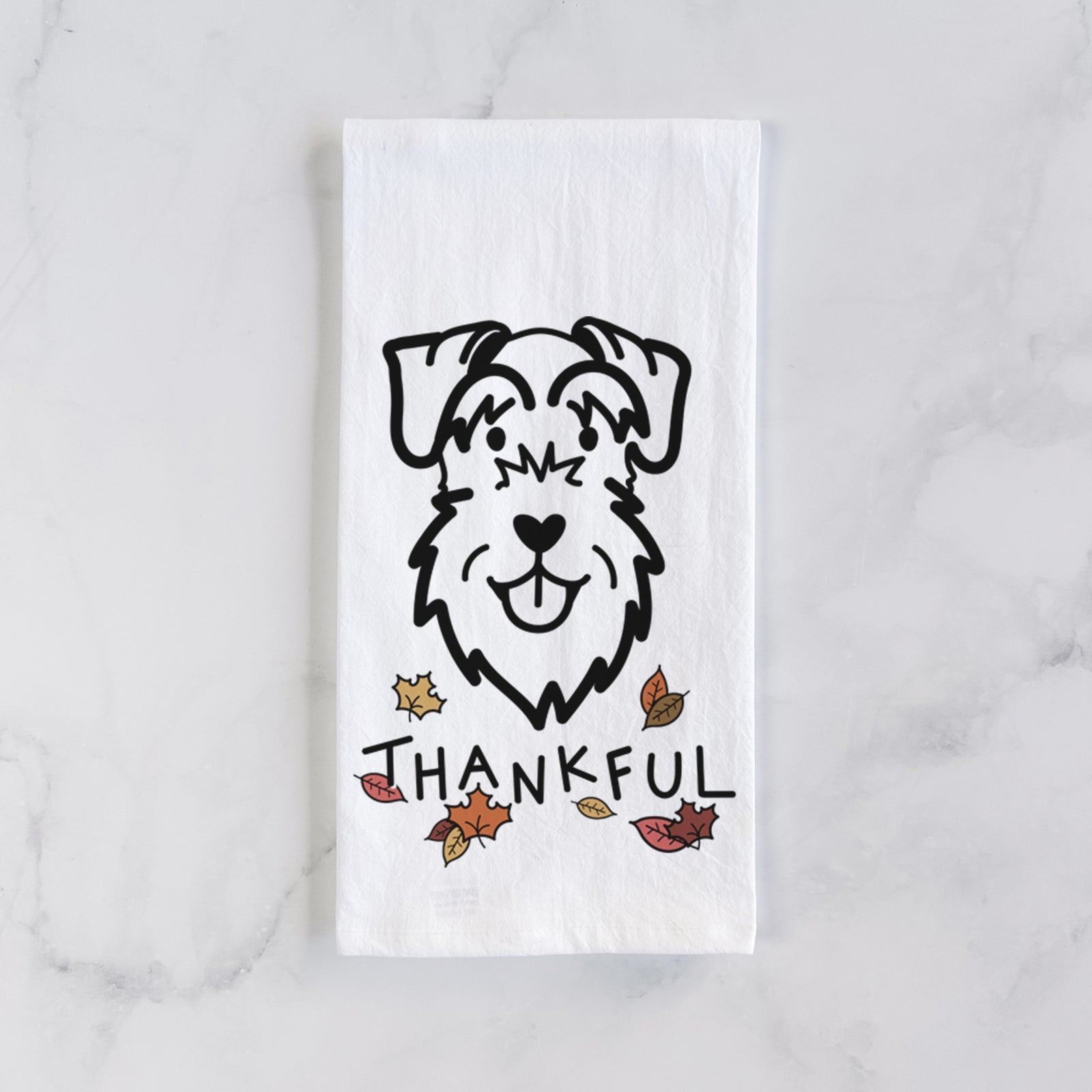 Minimalist line drawing of a Schnauzer Natural Ears with 'Thankful' lettering on a tea towel