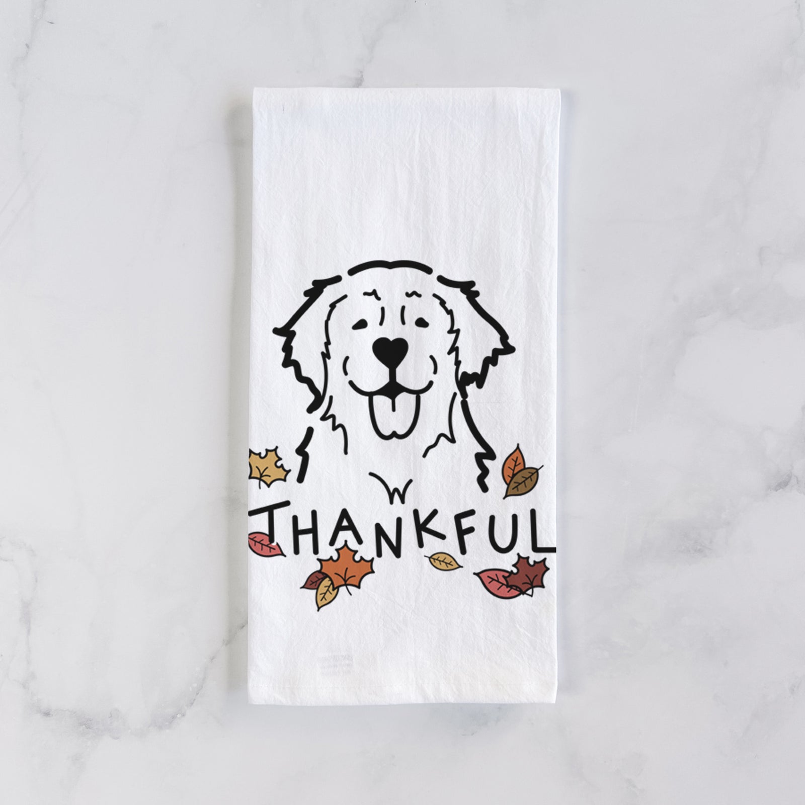 Minimalist line drawing of a Golden Retriever with 'Thankful' lettering on a tea towel