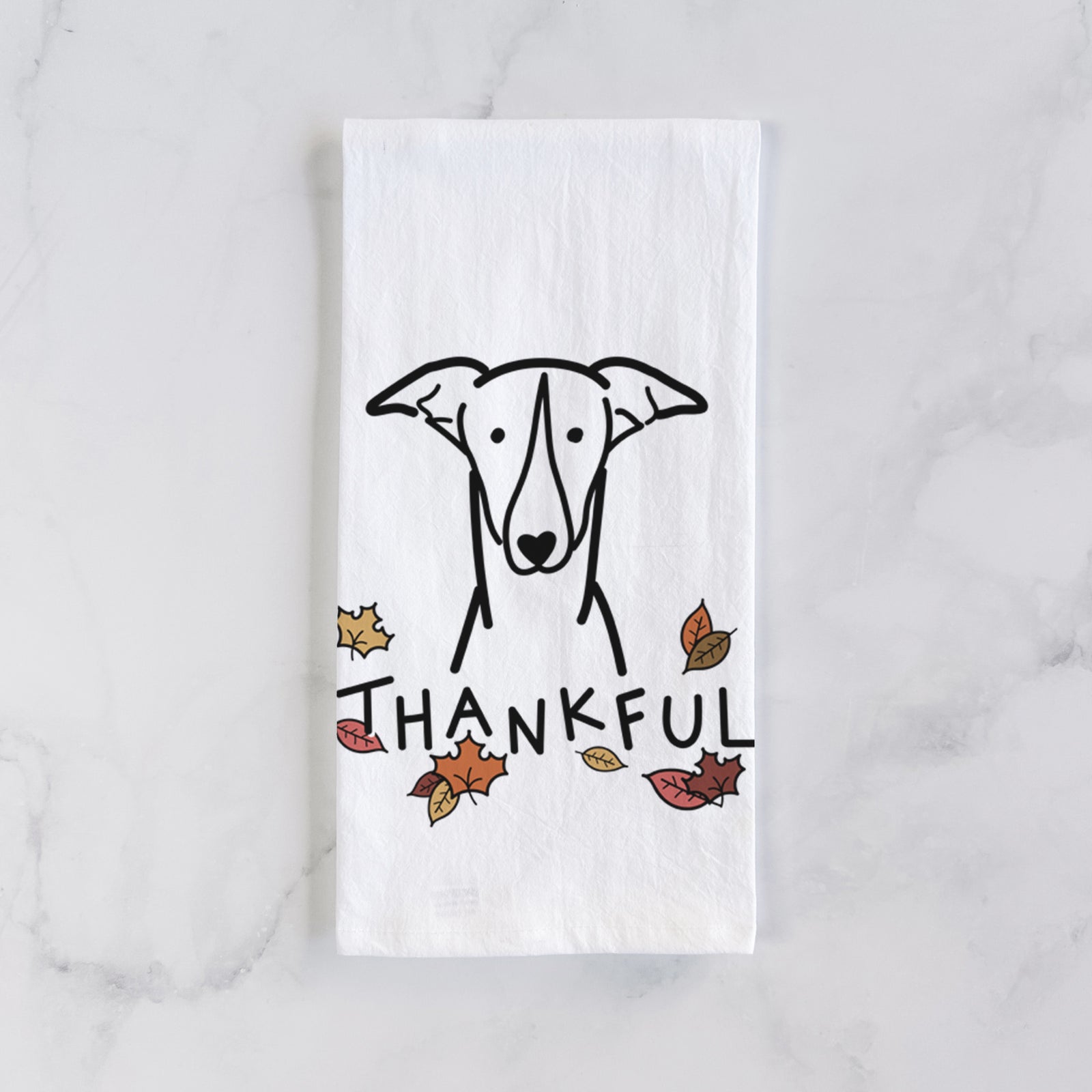 Minimalist line drawing of a Greyhound with 'Thankful' lettering on a tea towel
