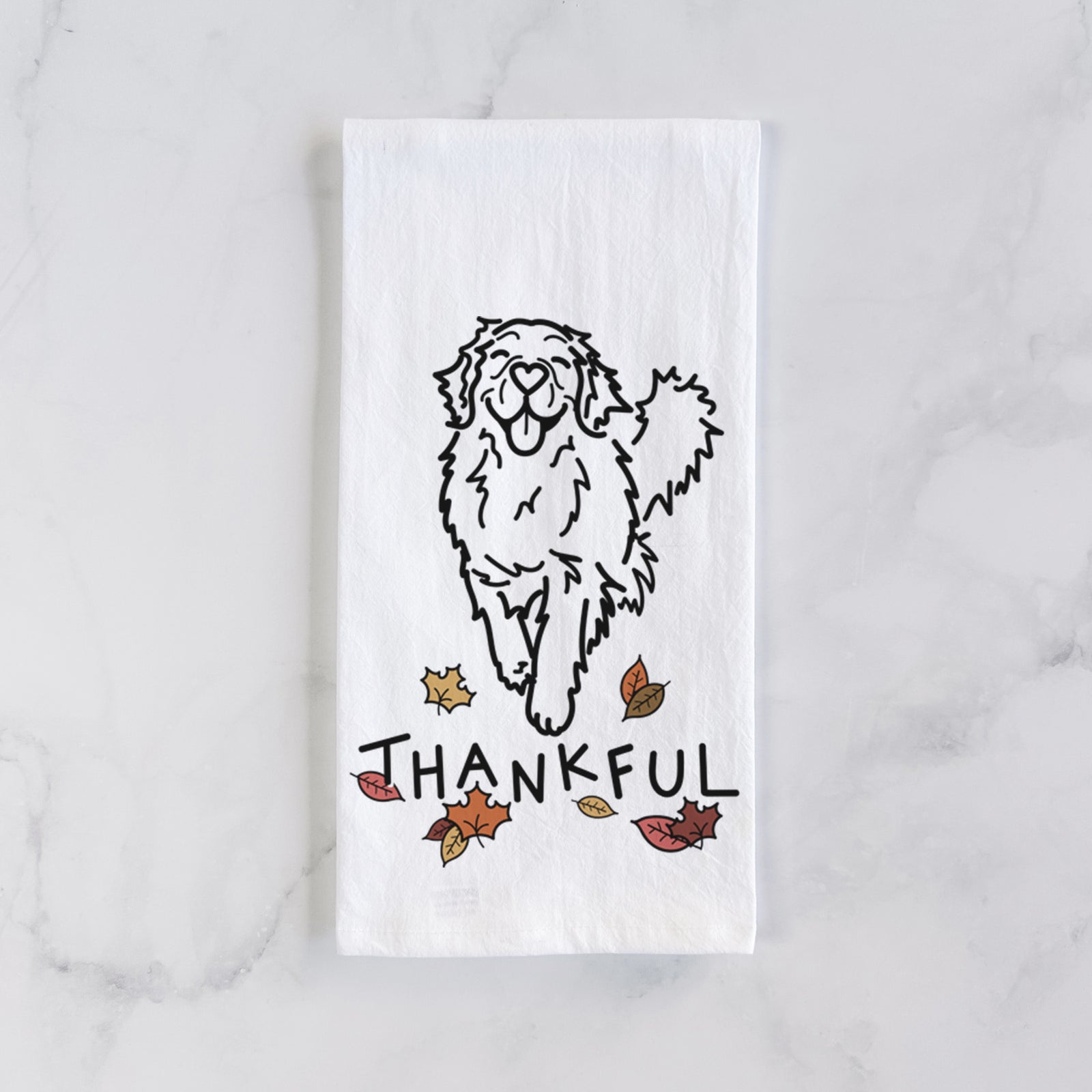 Minimalist line drawing of Hamlet the Golden Retriever with 'Thankful' lettering on a tea towel