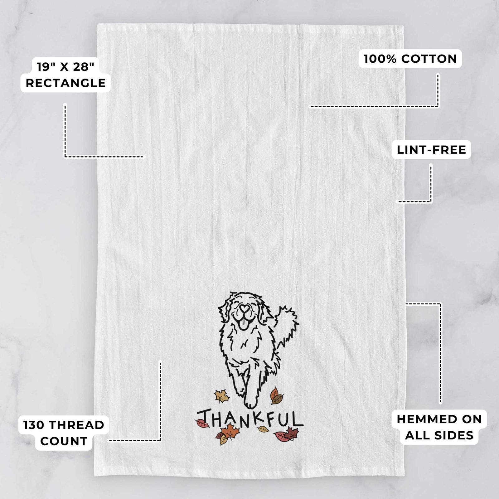Minimalist line drawing of Hamlet the Golden Retriever with 'Thankful' lettering on a tea towel, with feature callouts: 19 x 28 inch rectangle, 100% cotton, lint-free, 120 thread count, hemmed on all sides