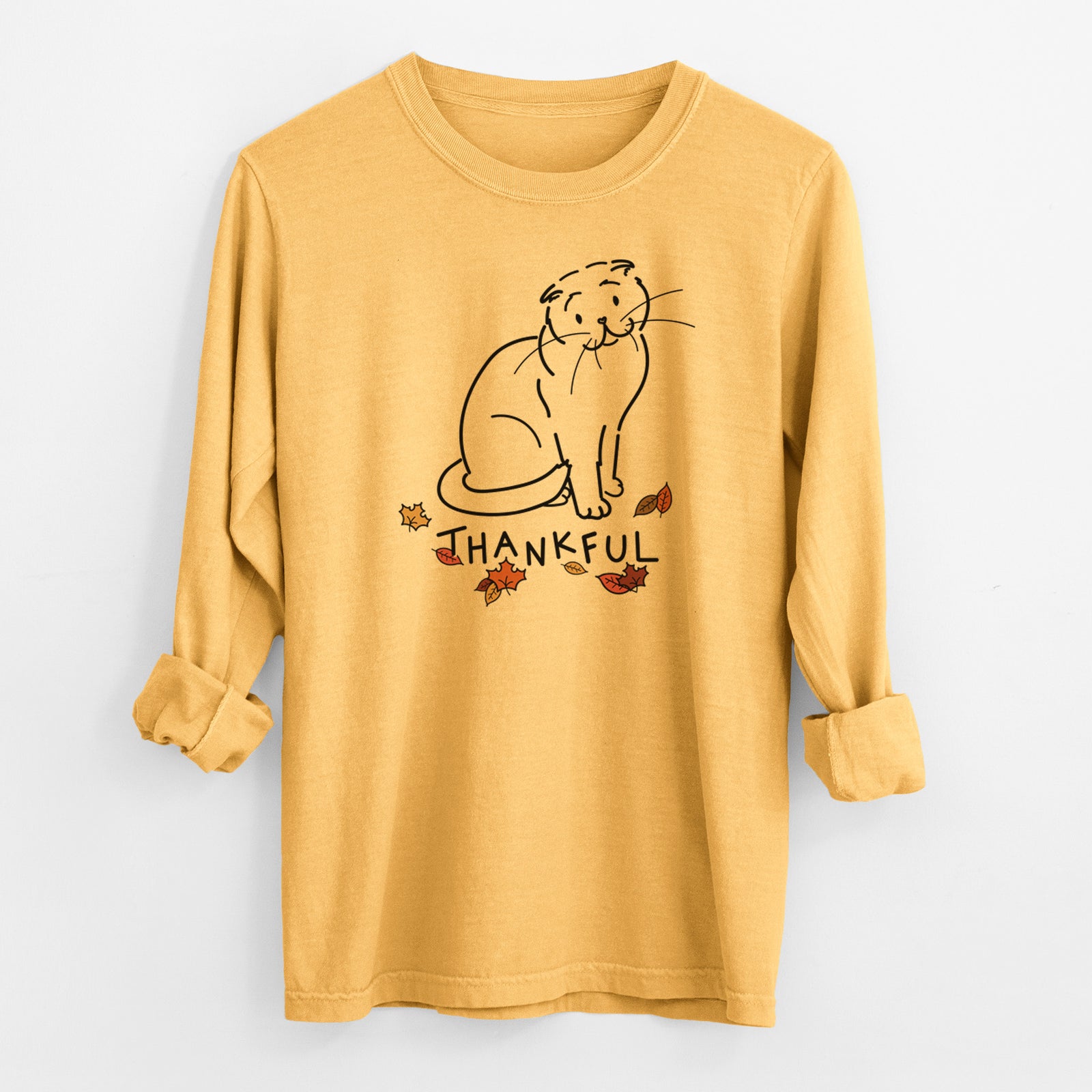 Thankful Scottish Fold Cat - Hank - Heavyweight 100% Cotton Long Sleeve