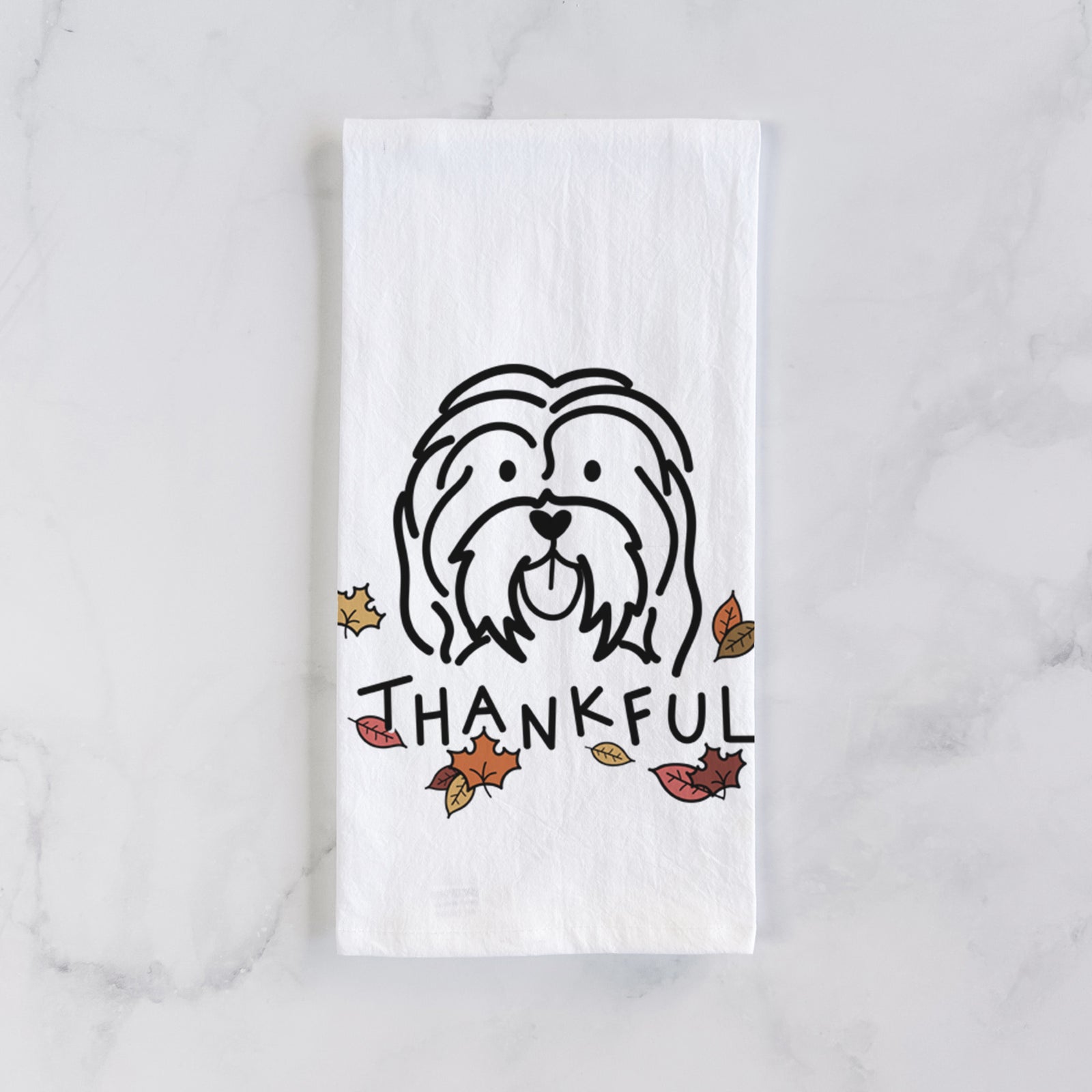Minimalist line drawing of a Havanese with 'Thankful' lettering on a tea towel