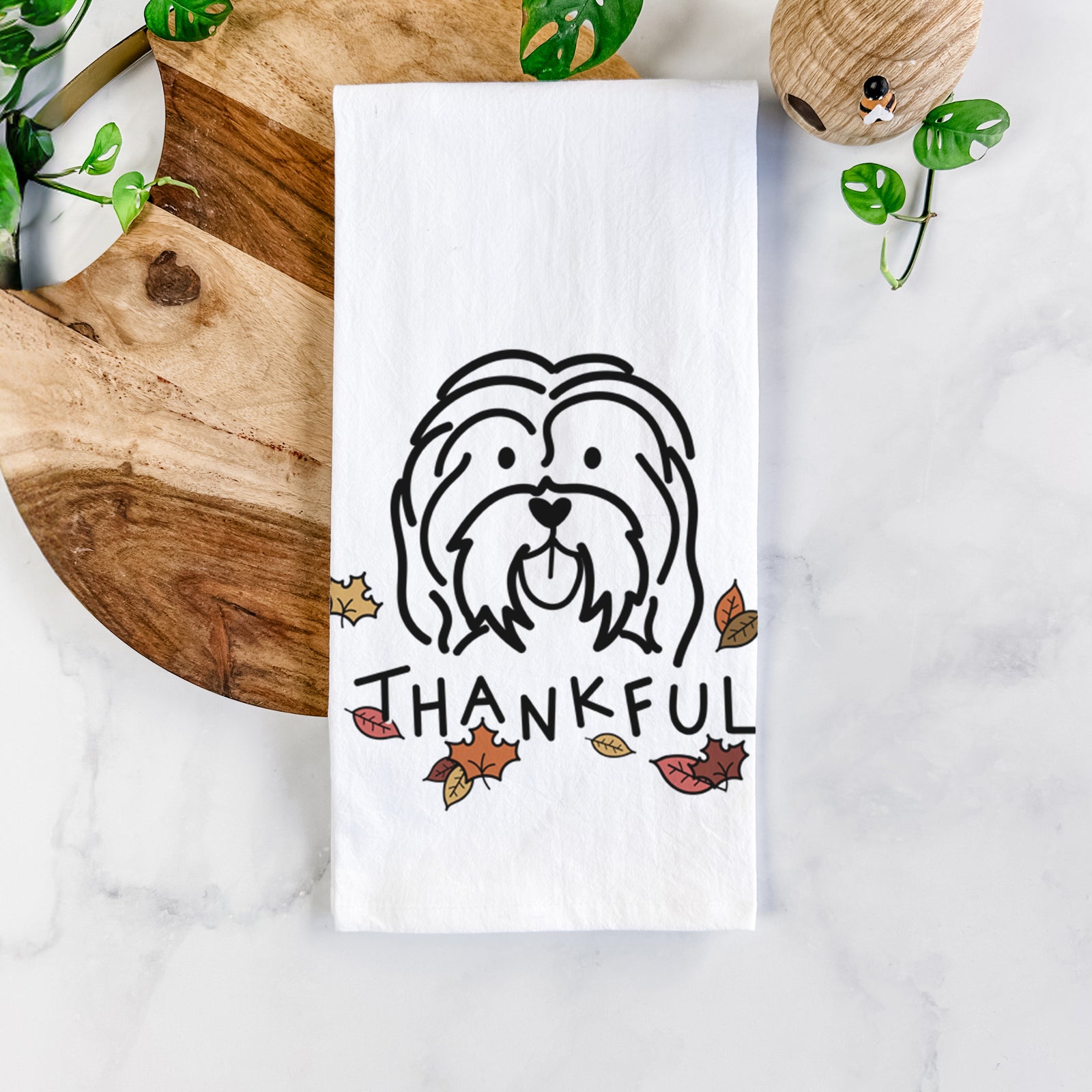Minimalist line drawing of a Havanese with 'Thankful' lettering on a tea towel