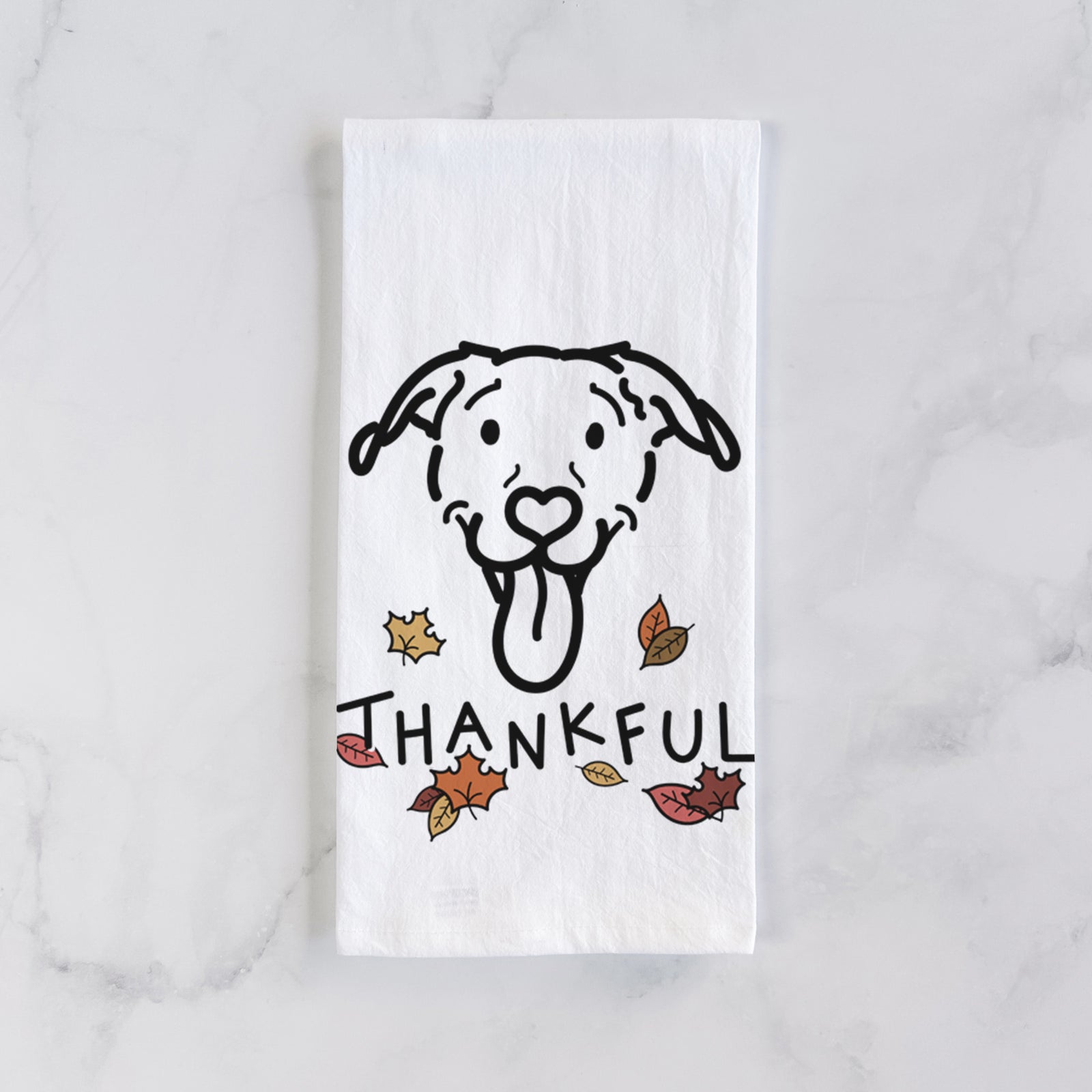 Minimalist line drawing of Hemi the Pitbull Mix with 'Thankful' lettering on a tea towel