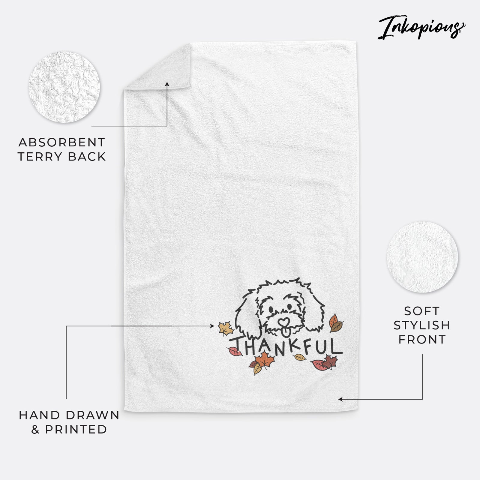 Minimalist line drawing of Holly the Maltipoo with 'Thankful' lettering on a decorative hand towel