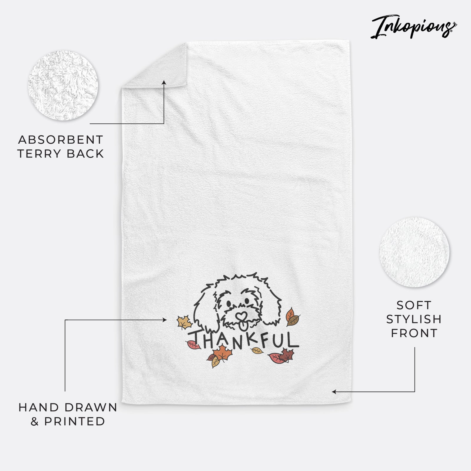 Minimalist line drawing of Holly the Maltipoo with 'Thankful' lettering on a decorative hand towel