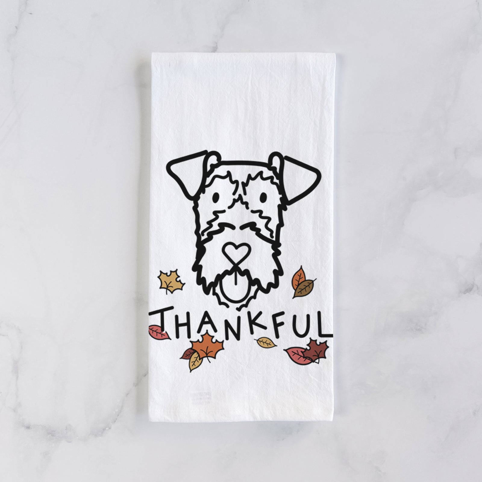 Minimalist line drawing of an Irish Terrier with 'Thankful' lettering on a tea towel