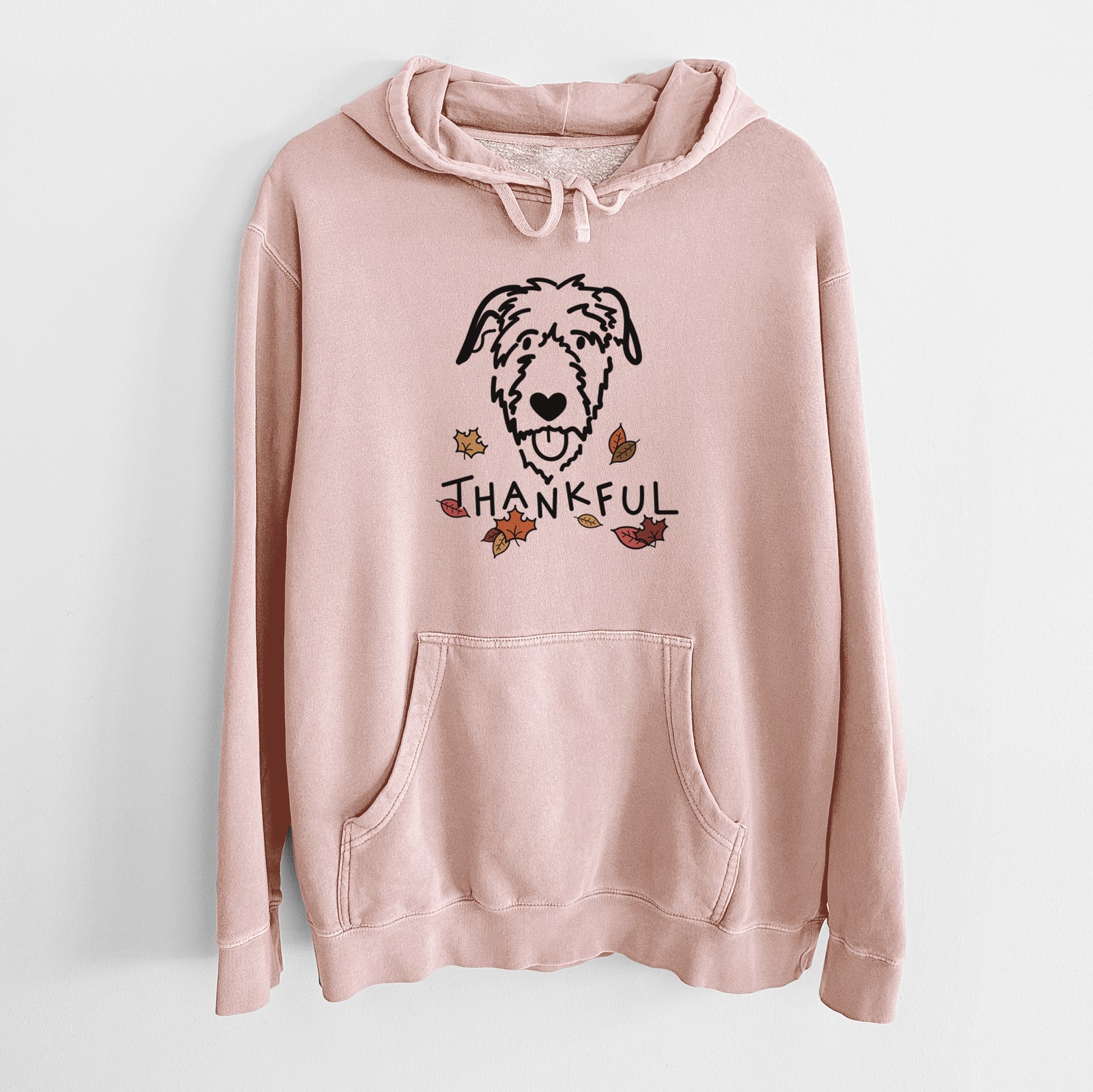 Minimalist line drawing of an Irish Wolfhound with 'Thankful' lettering on a Dusty Pink Unisex pigment dyed hoodie