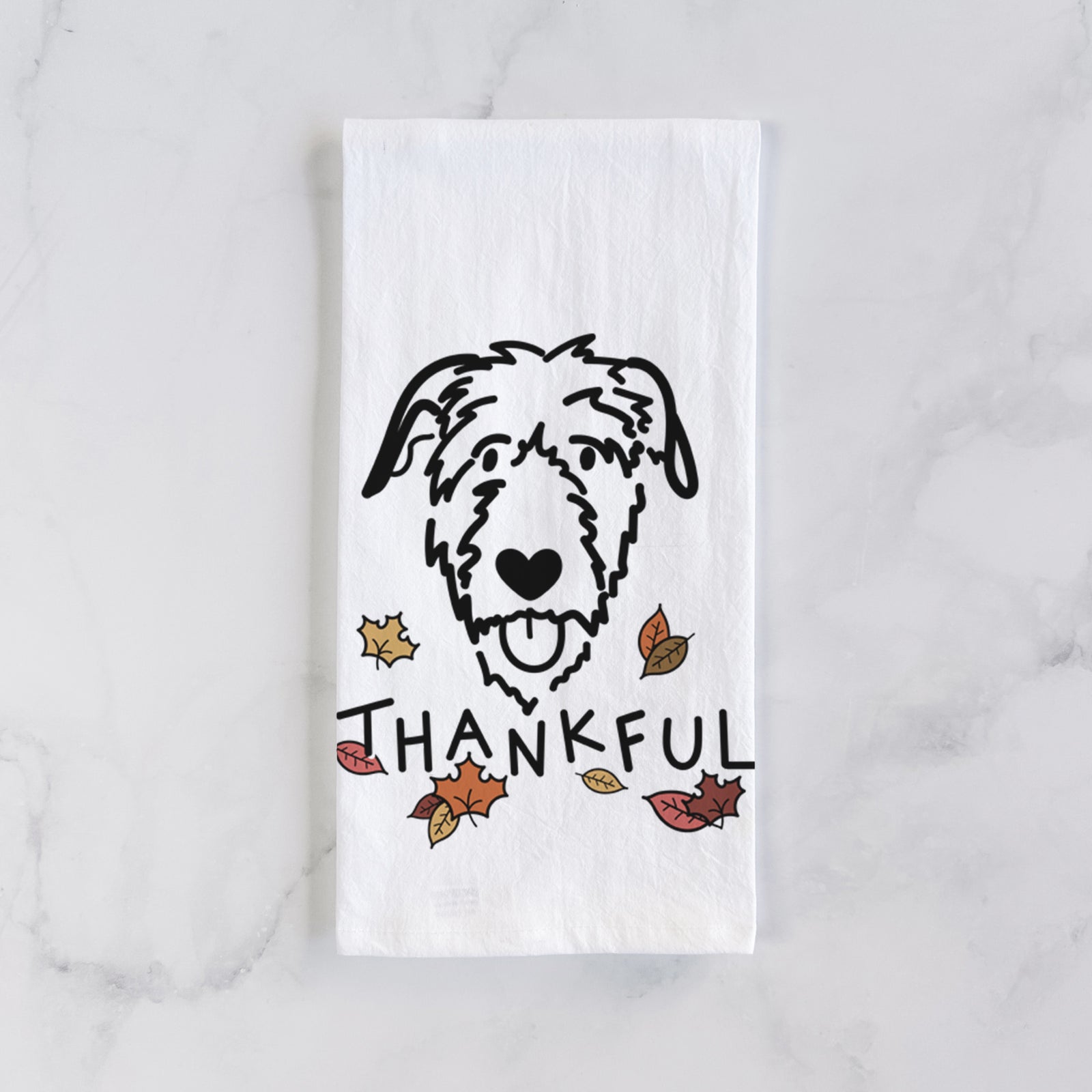 Minimalist line drawing of an Irish Wolfhound with 'Thankful' lettering on a tea towel