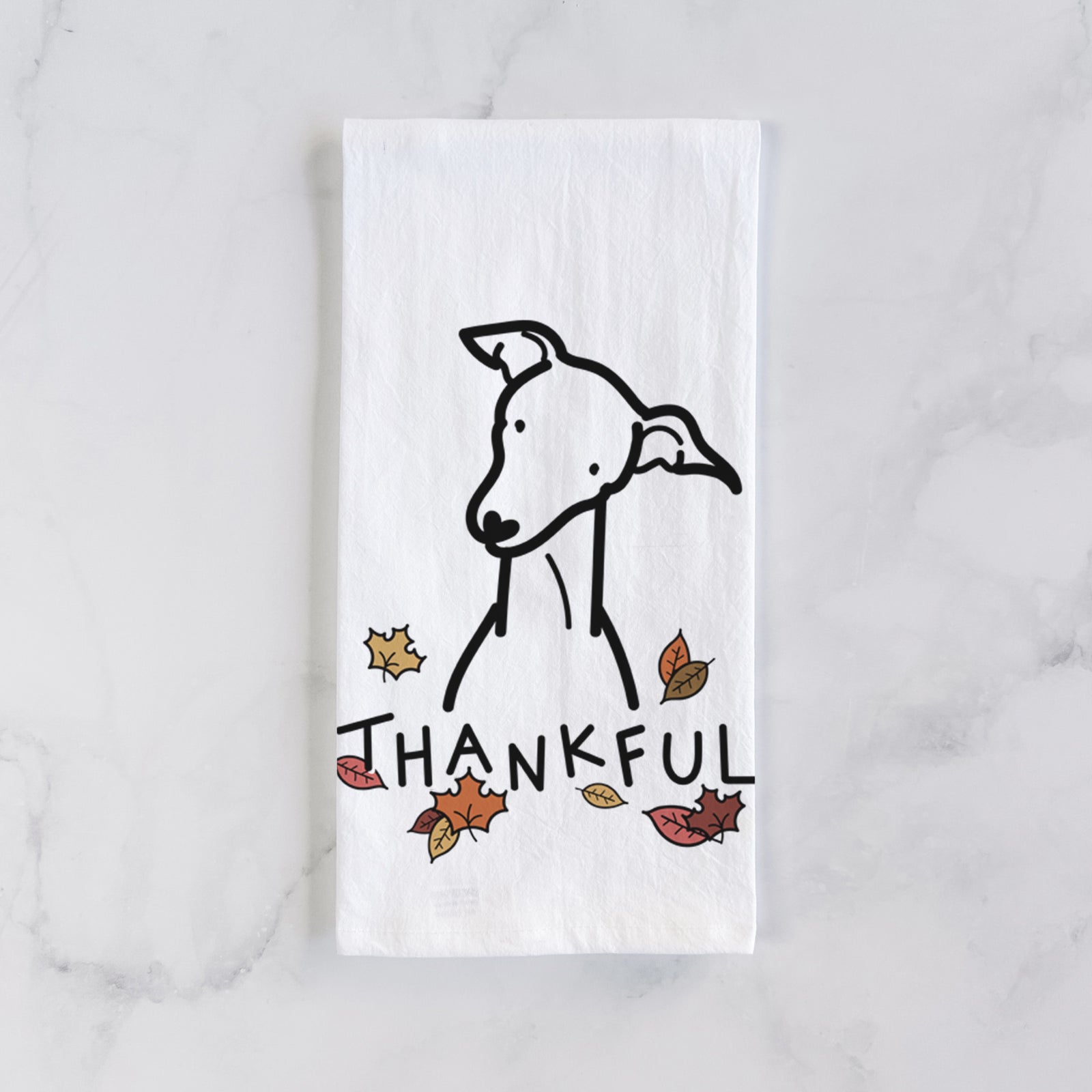 Minimalist line drawing of an Italian Greyhound with 'Thankful' lettering on a tea towel