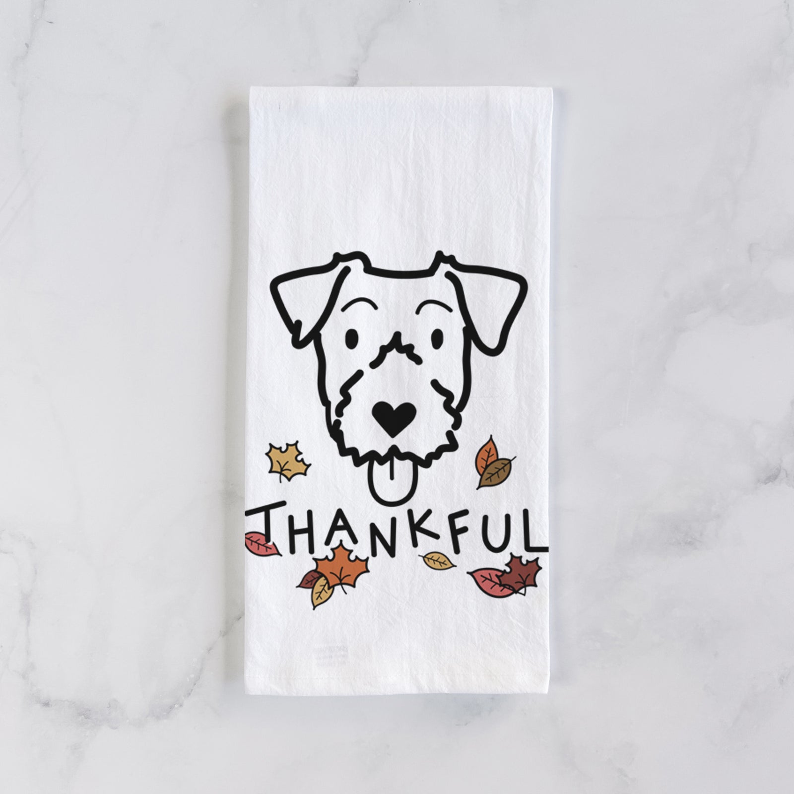 Minimalist line drawing of a Jack Russell Terrier with 'Thankful' lettering on a tea towel