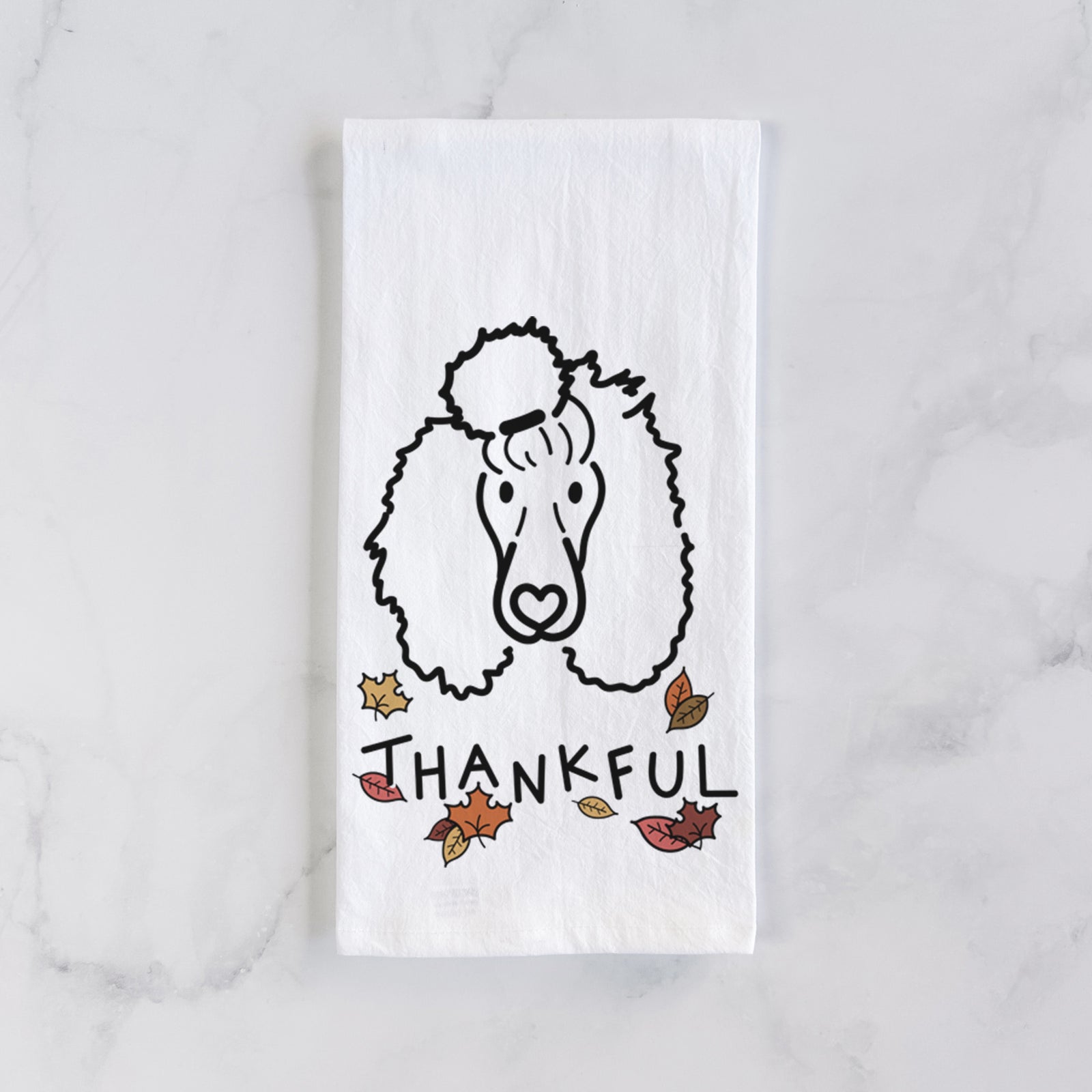 Minimalist line drawing of Jemma the Standard Poodle with 'Thankful' lettering on a tea towel