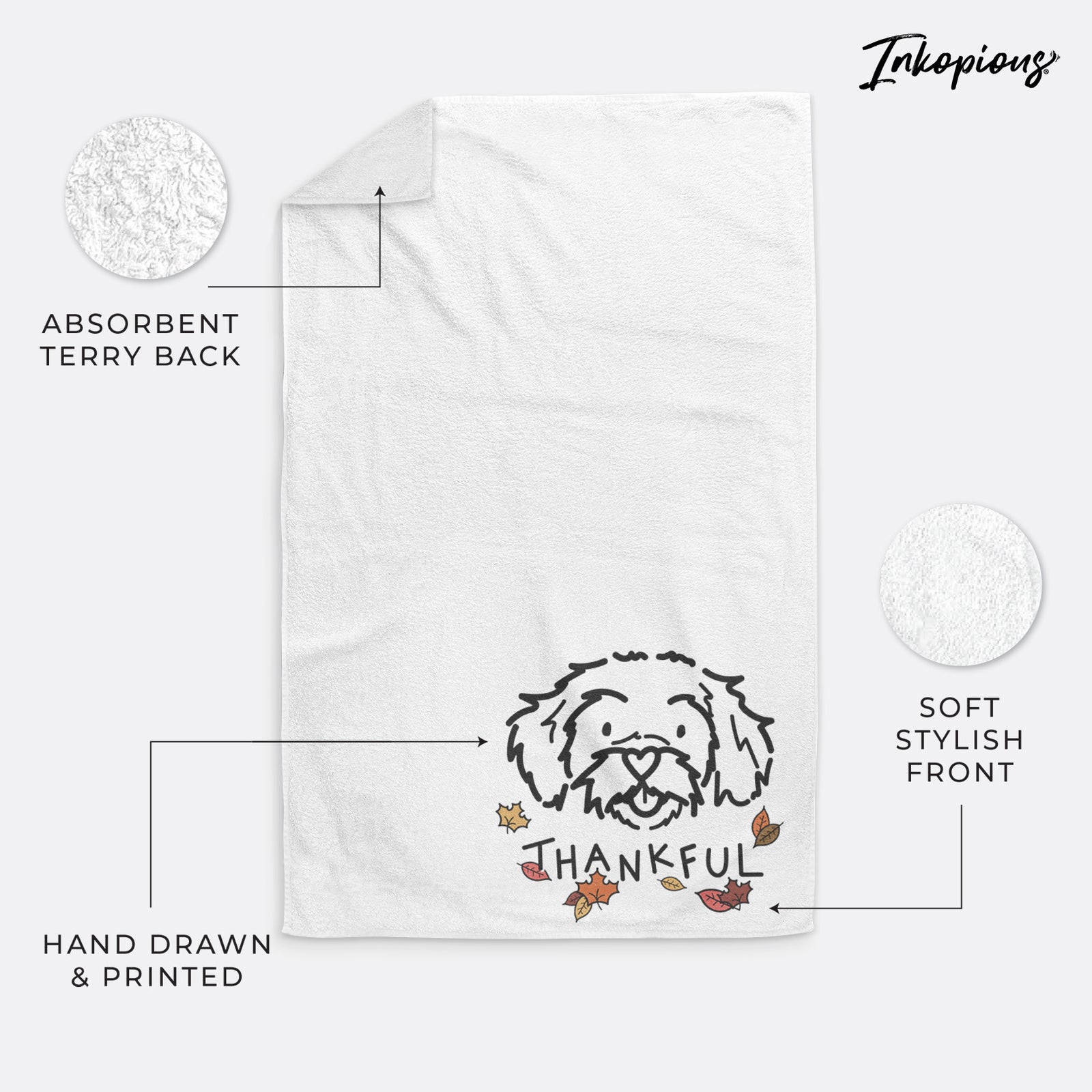 Minimalist line drawing of Jo Jo the Peekapoo with 'Thankful' lettering on a hand towel