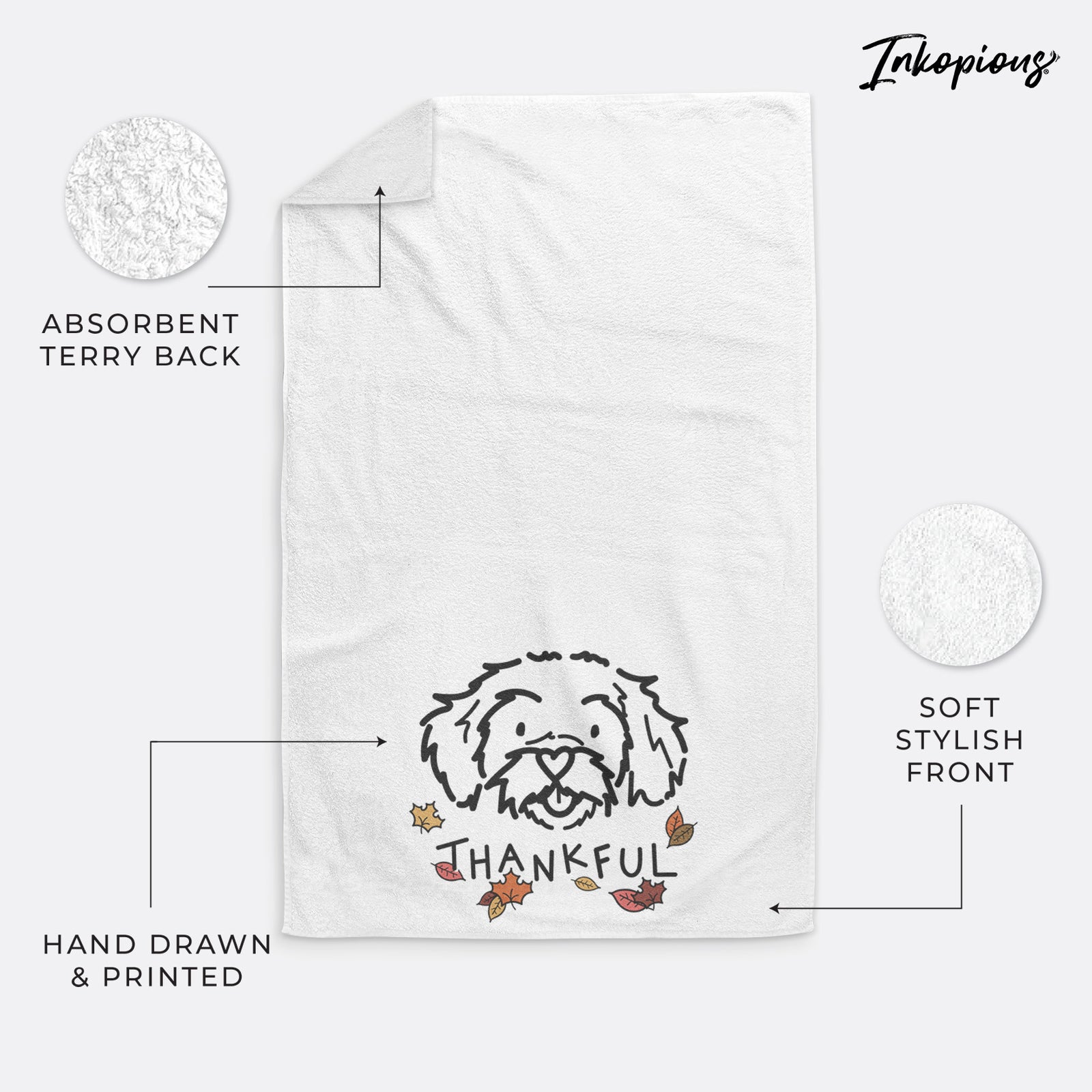 Minimalist line drawing of Jo Jo the Peekapoo with 'Thankful' lettering on a hand towel