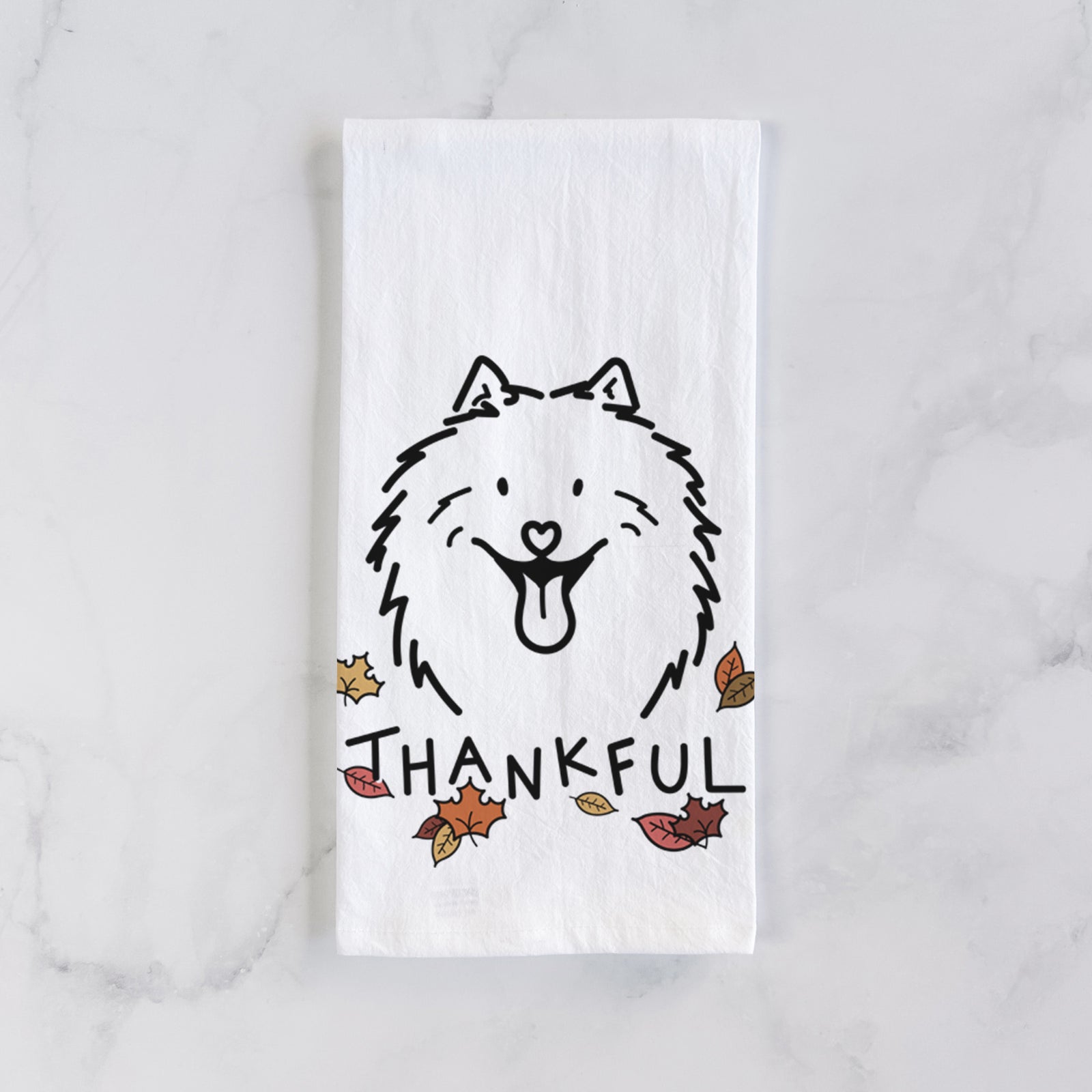Minimalist line drawing of Johnny the Samoyed with 'Thankful' lettering on a tea towel