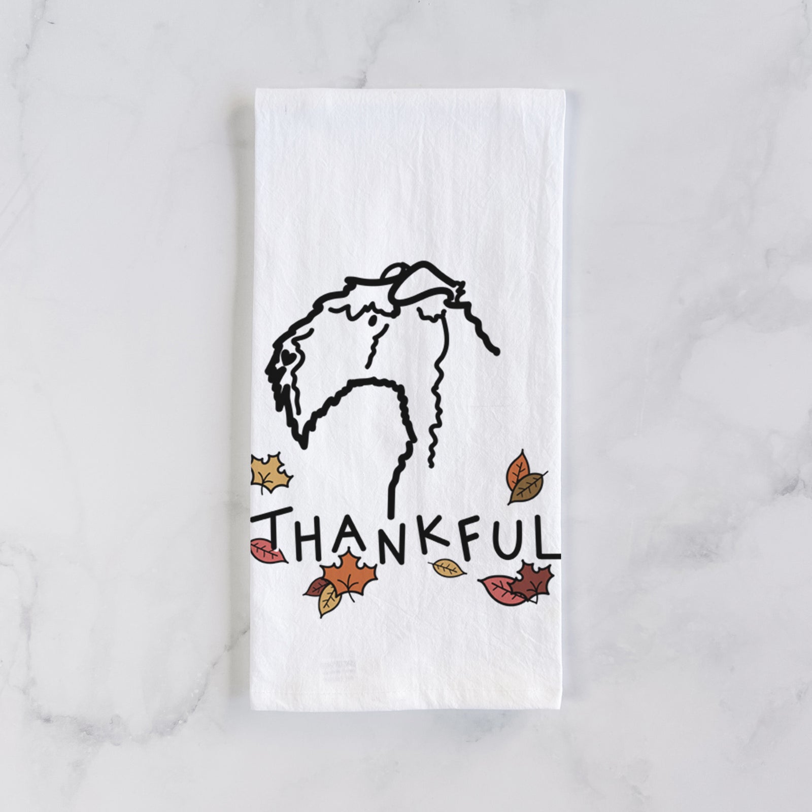 Minimalist line drawing of a Kerry Blue Terrier with 'Thankful' lettering on a tea towel
