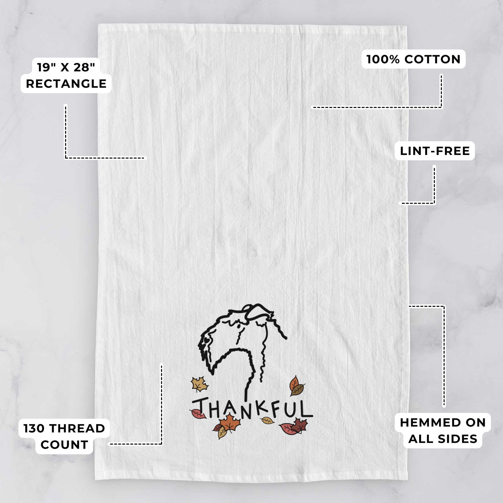 Minimalist line drawing of a Kerry Blue Terrier with 'Thankful' lettering on a tea towel, with feature callouts: 19 x 28 inch rectangle, 100% cotton, lint-free, 120 thread count, hemmed on all sides