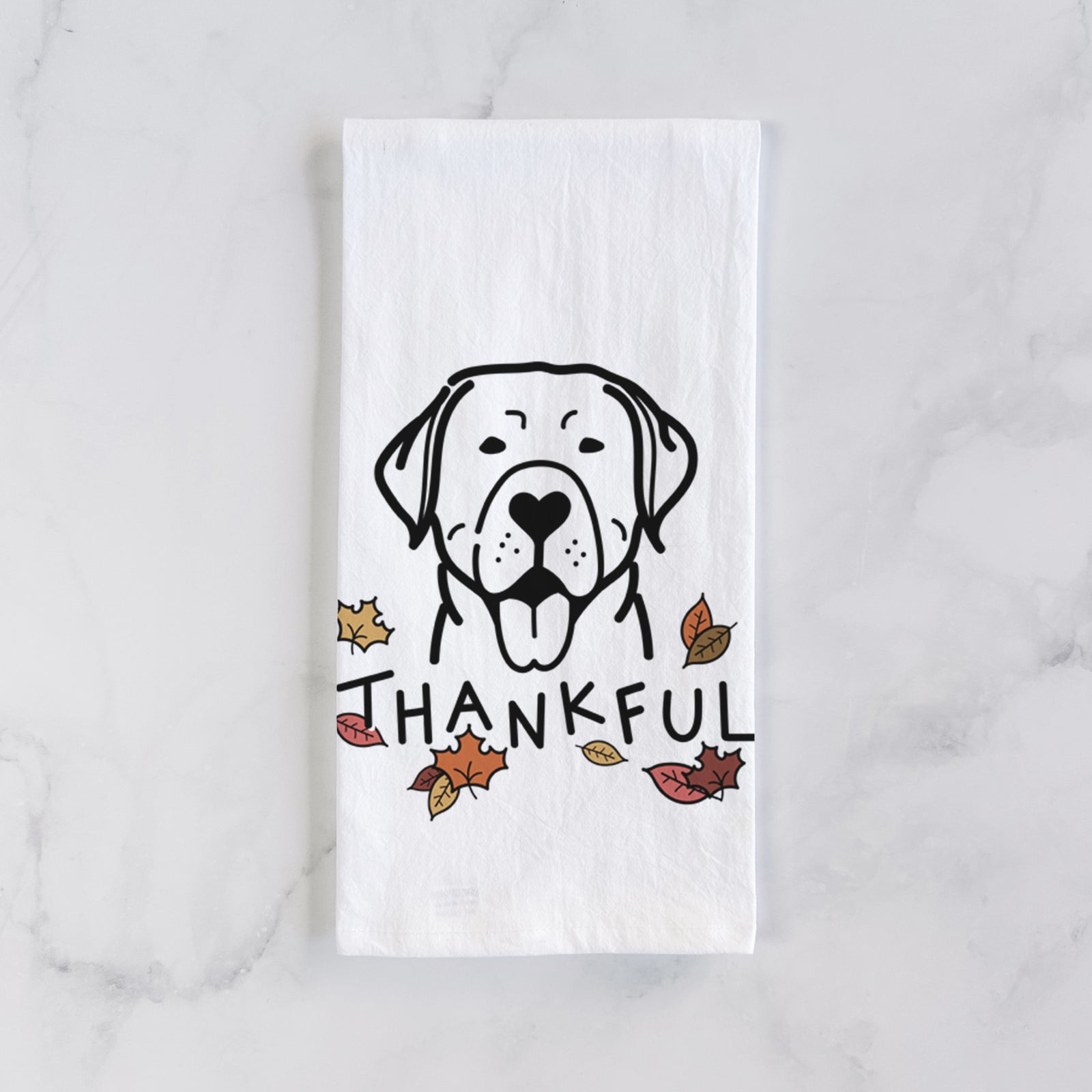 Minimalist line drawing of a Labrador Retriever with 'Thankful' lettering on a tea towel