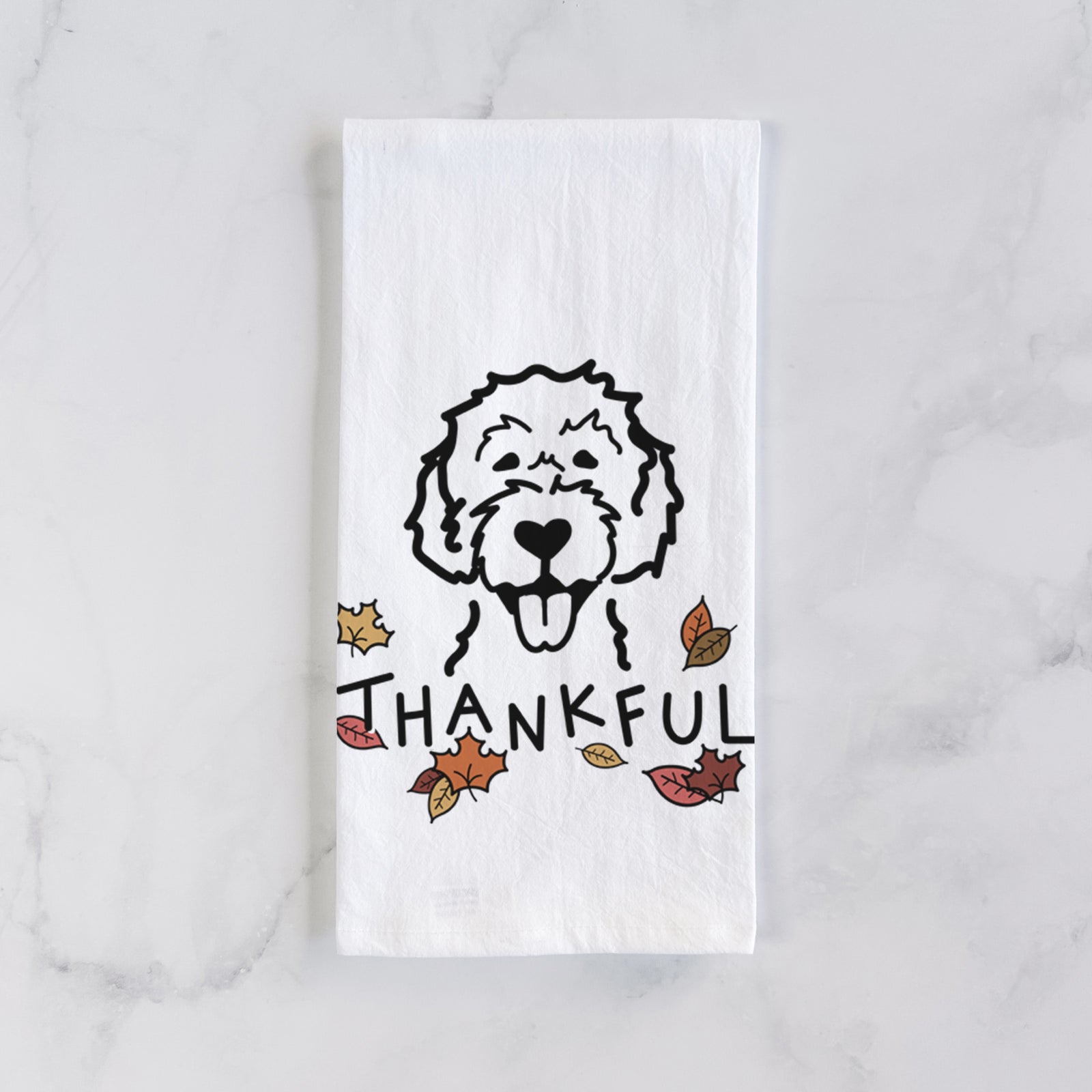 Minimalist line drawing of a Labradoodle with 'Thankful' lettering on a tea towel