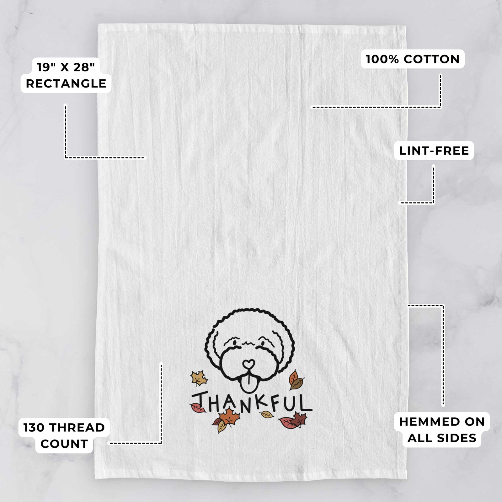 Minimalist line drawing of a Lagotta Romagnolo with 'Thankful' lettering on a tea towel, with feature callouts: 19 x 28 inch rectangle, 100% cotton, lint-free, 120 thread count, hemmed on all sides