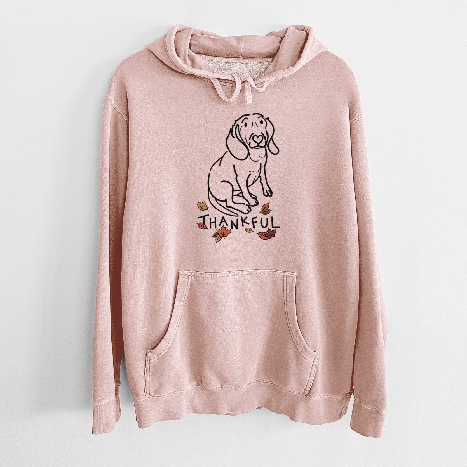 Minimalist line drawing of Lilly the Beagle with 'Thankful' lettering on a Dusty Pink Unisex pigment dyed hoodie