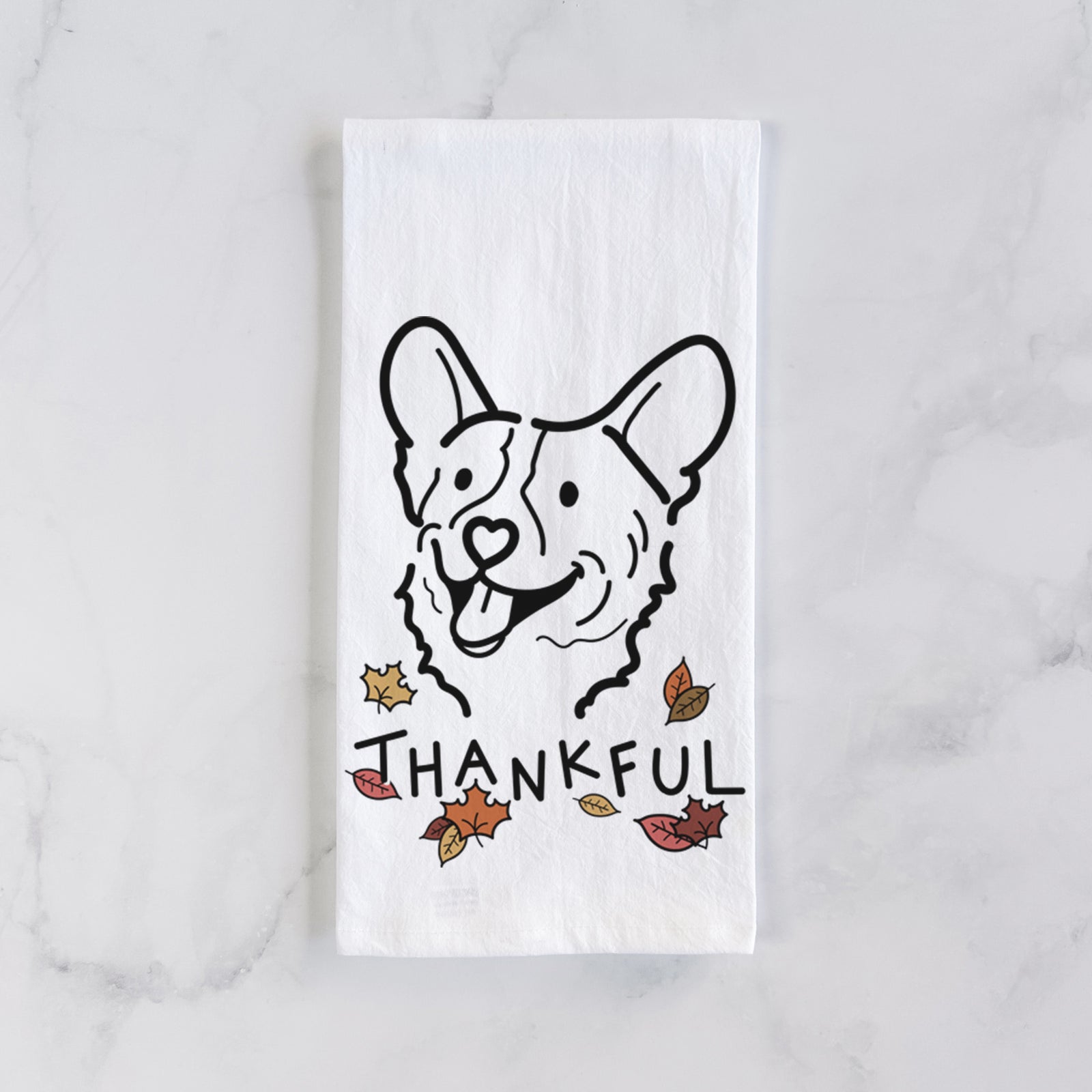 Minimalist line drawing of Lily the Corgi with 'Thankful' lettering on a tea towel