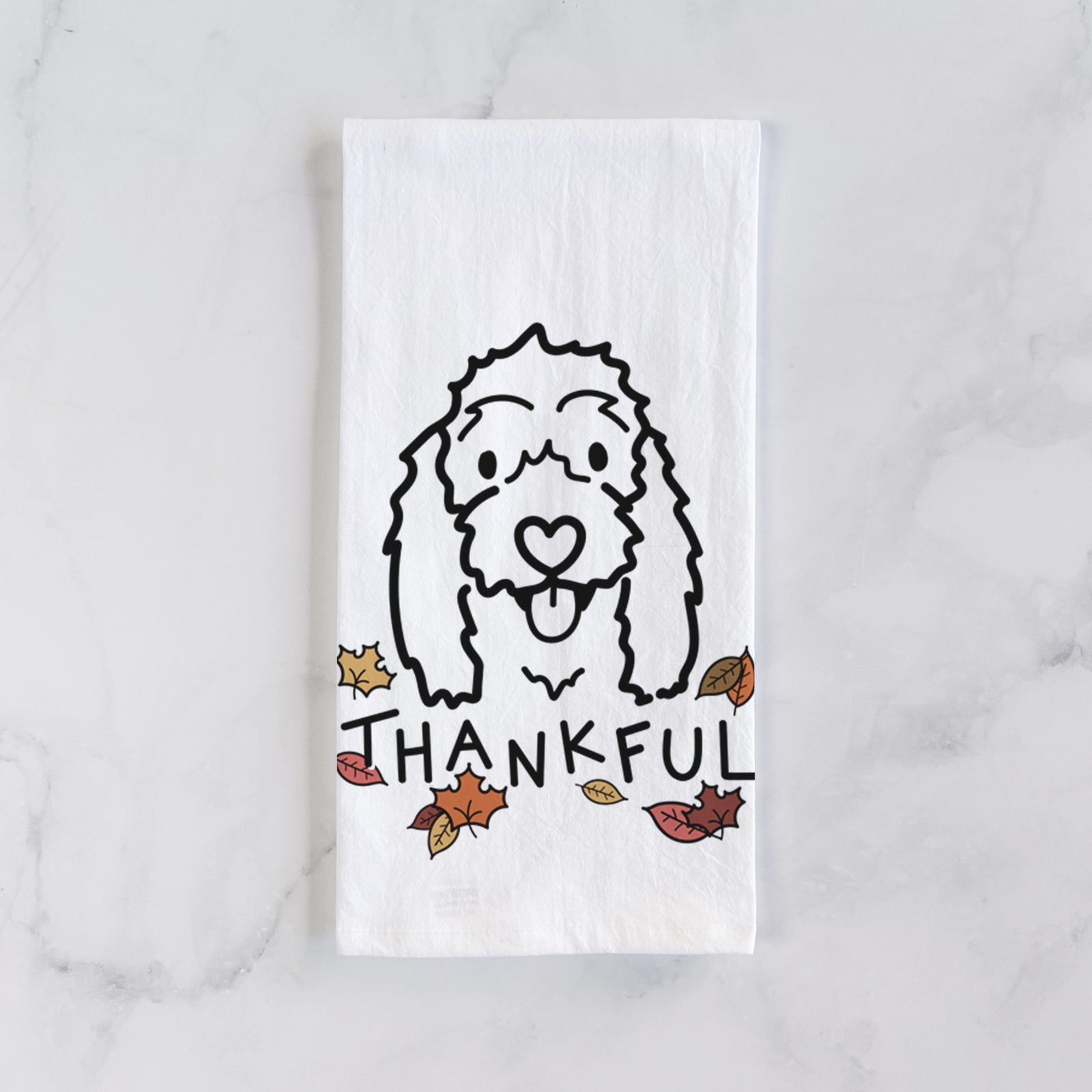 Minimalist line drawing of Louie the Coton de Tulear with 'Thankful' lettering on a tea towel